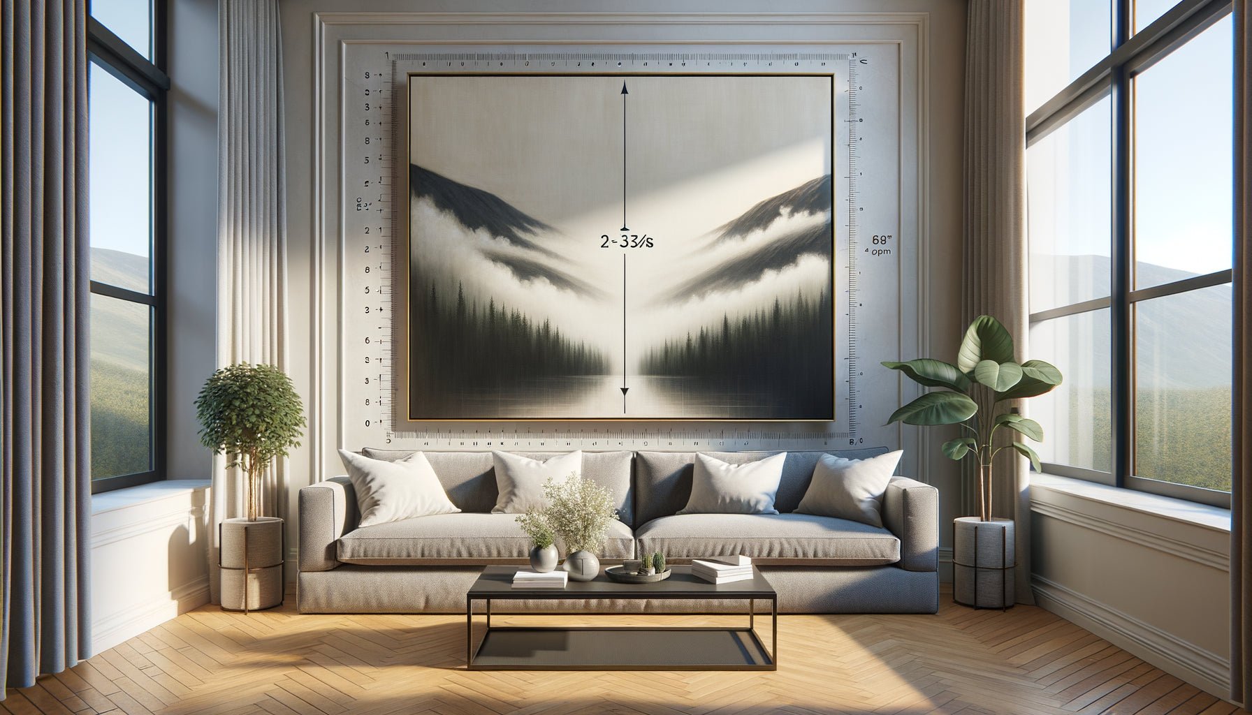 Démonstration des proportions idéales pour accrocher un tableau au-dessus d'un canapé selon la règle des deux tiers