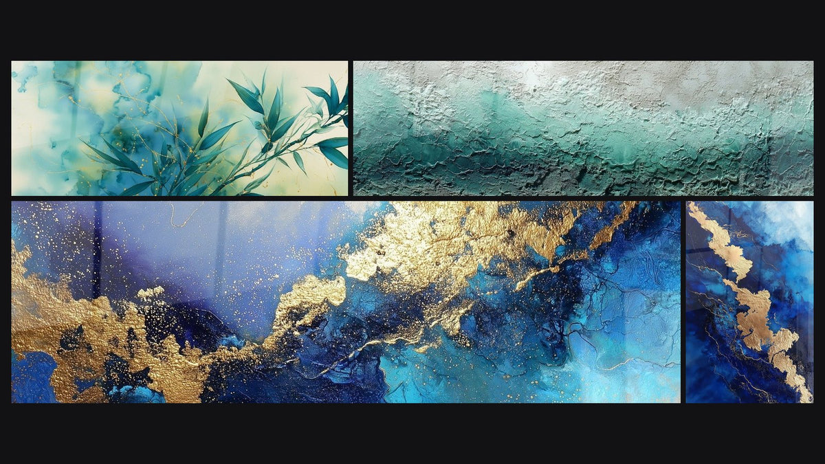 Mosaico de cuatro cuadros, entre ellos Abstracto azul dorado con matices fluidos y Abstracto Azul y Oro con Vetas Doradas