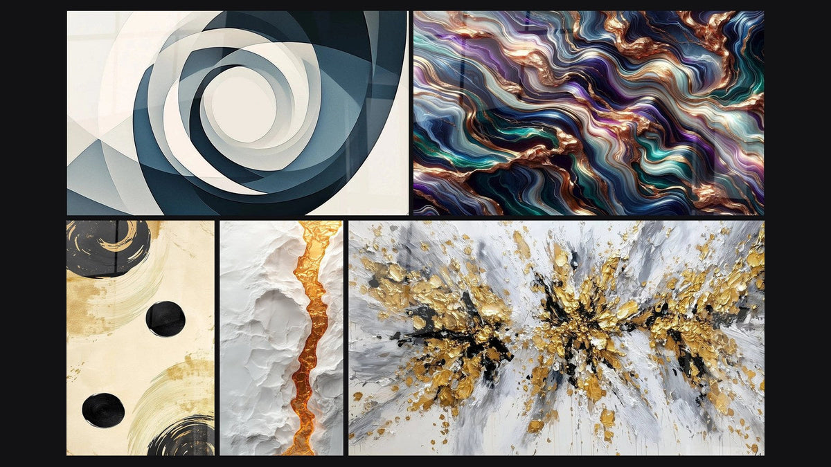 Mosaik aus fünf Gemälden, darunter Gleichgewicht Sphäre Schwarz und Serenade Mineral