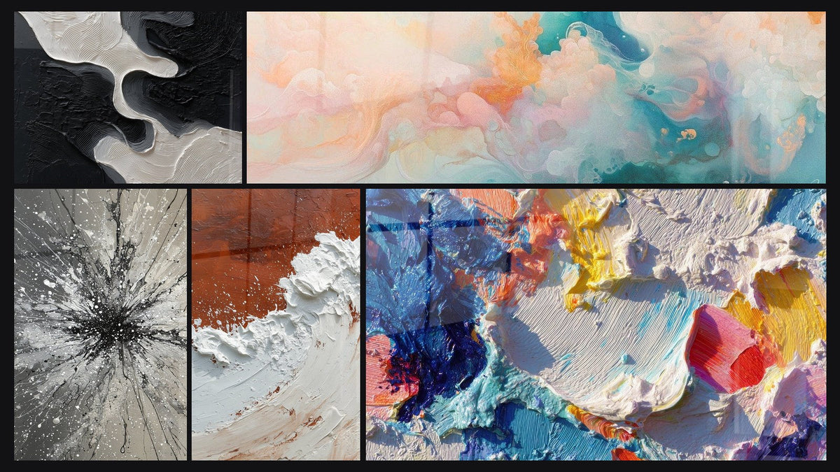Mosaico de cinco cuadros, entre ellos Nubes Flotantes Rosado y Abstracta Tierra y Blanco Material Grueso