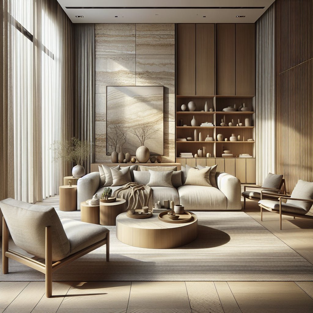 Intérieur minimaliste quiet luxury avec matériaux nobles travertin lin et laiton design 2025