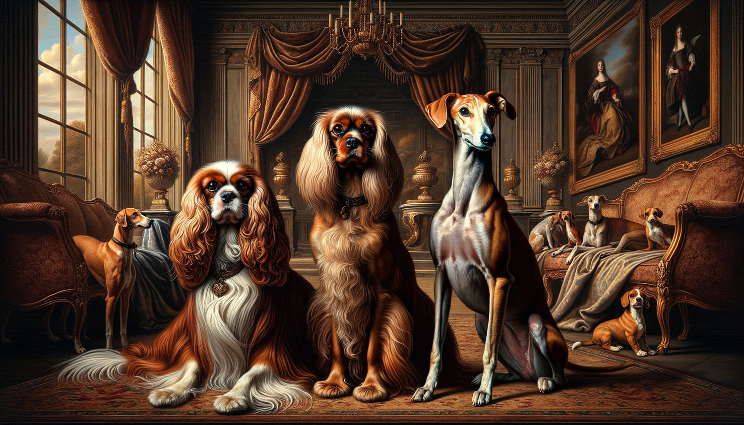 Détail de peinture baroque flamande du XVIIe siècle montrant épagneul, lévrier et chien Saint-Hubert dans un intérieur aristocratique