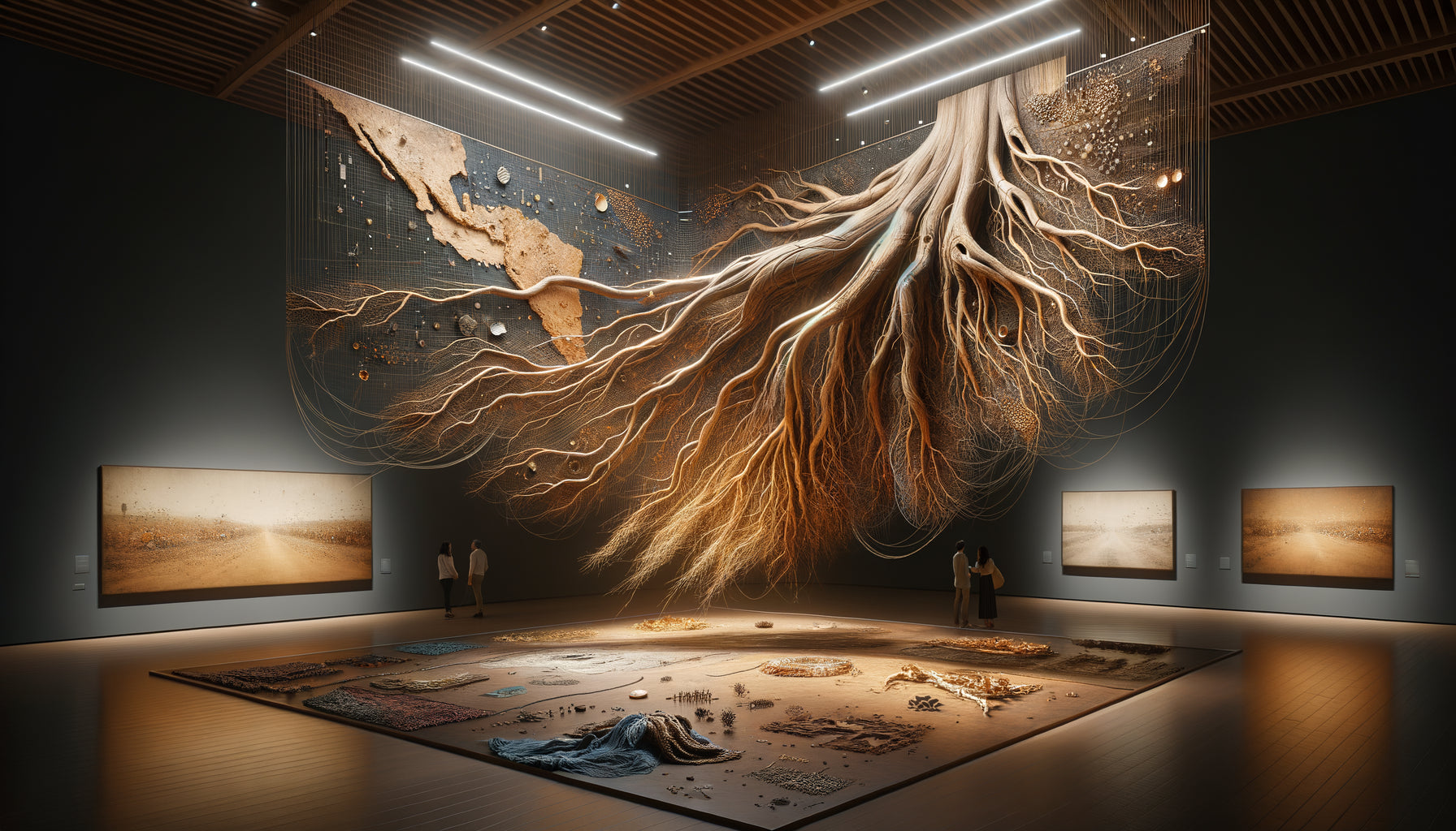 Installation d'art contemporain montrant un système racinaire d'arbre suspendu symbolisant l'ancrage identitaire et les origines culturelles