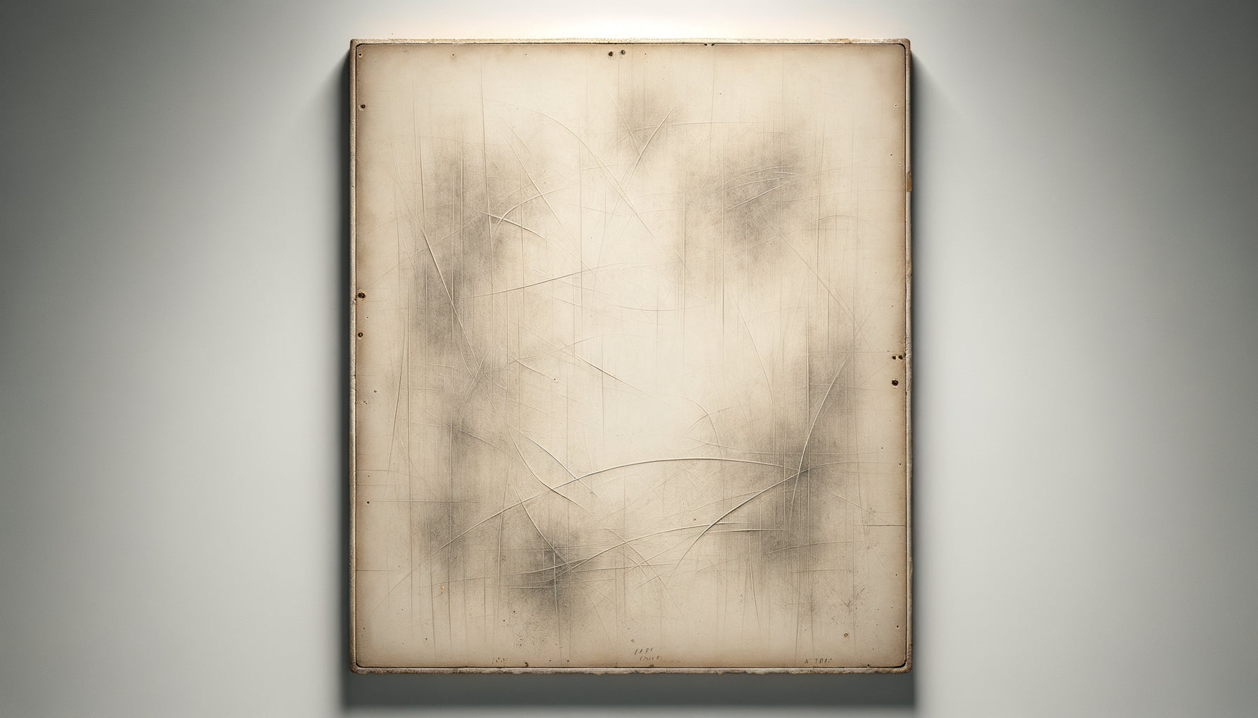 Œuvre Erased De Kooning Drawing de Rauschenberg 1953, surface presque blanche avec traces fantomatiques d'effacement