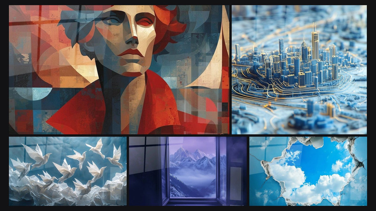 Mosaïque de cinq tableaux, dont Portrait Reflets Cubiques, Origami Danse de papier et Montagne Rêve d'altitude