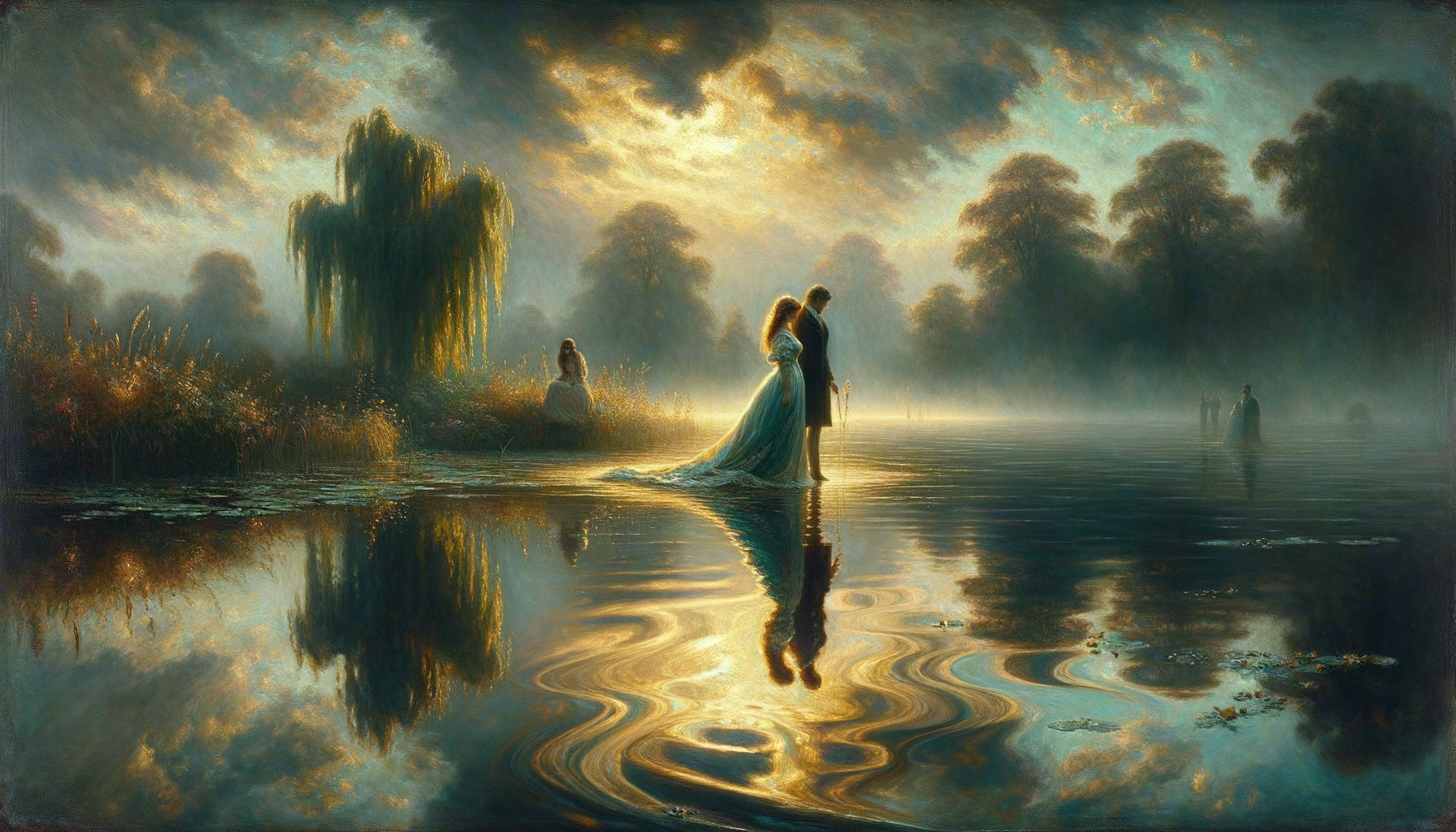 Peinture romantique symboliste du 19ème siècle représentant des reflets amoureux dans l'eau calme d'un lac