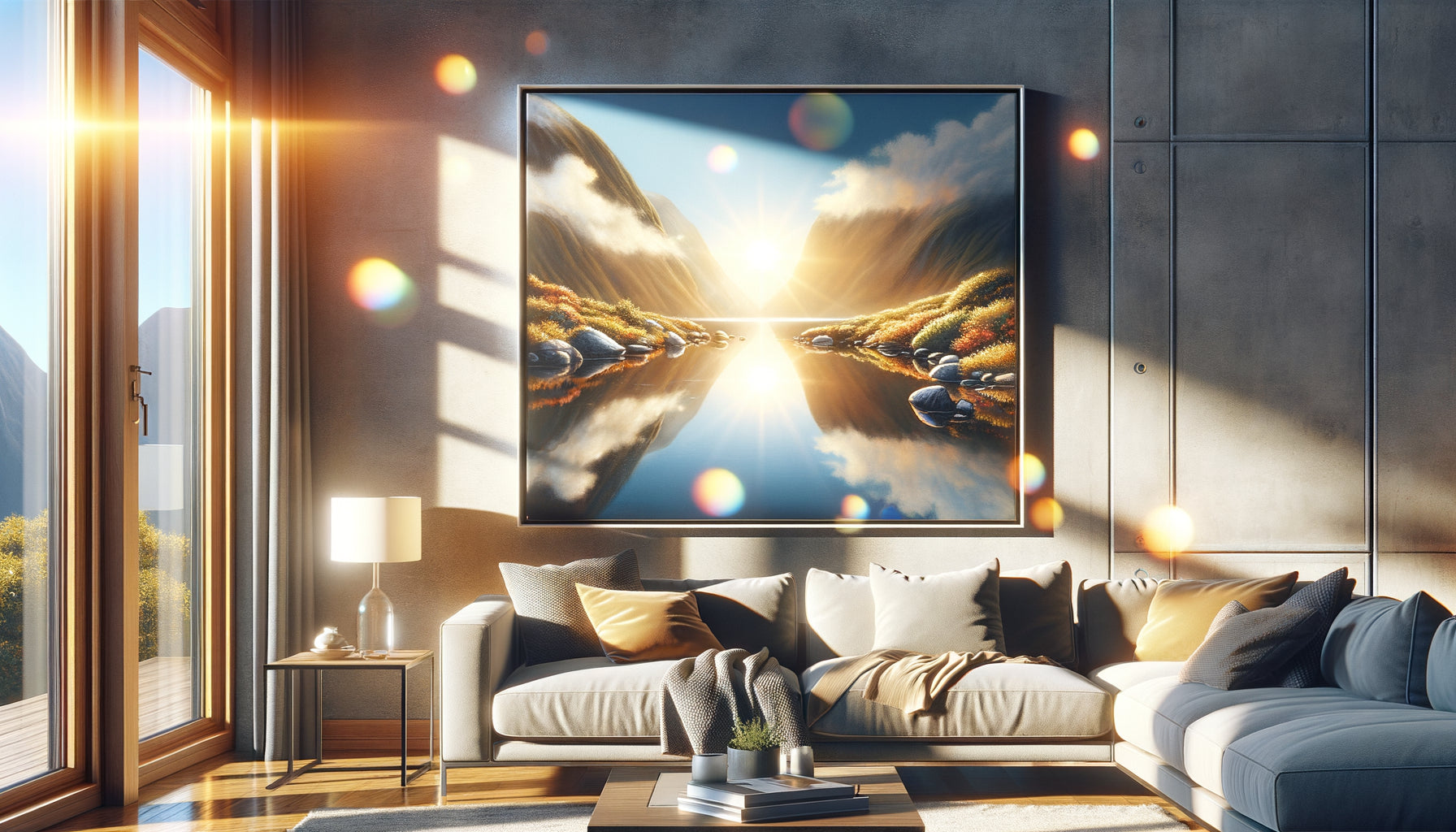 Tableau encadré sur mur de salon avec reflets lumineux visibles sur la vitre, lumière naturelle créant des zones de brillance