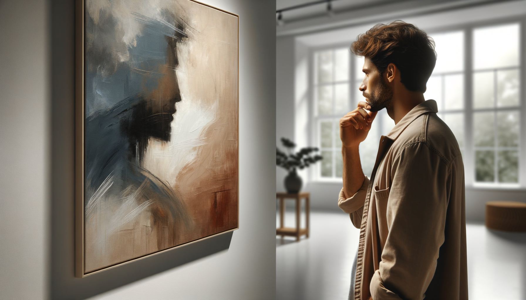 Personne contemplant un tableau abstrait contemporain sur mur blanc, moment de réflexion avant achat d'œuvre d'art