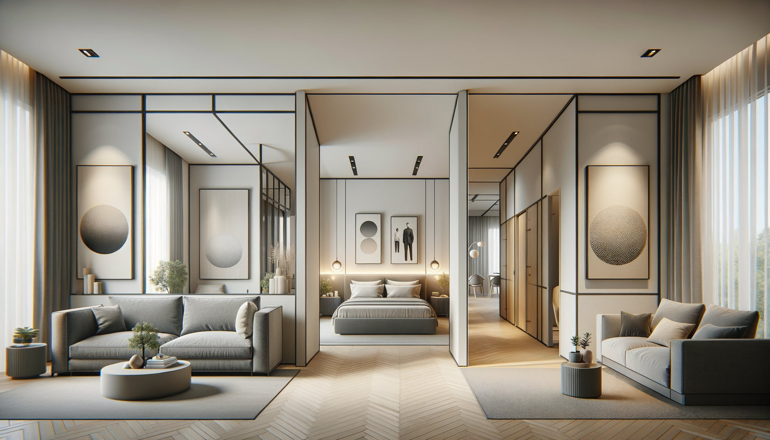 Appartement contemporain montrant la règle 3-2-1 : trois tableaux au salon, deux en chambre, un à l'entrée