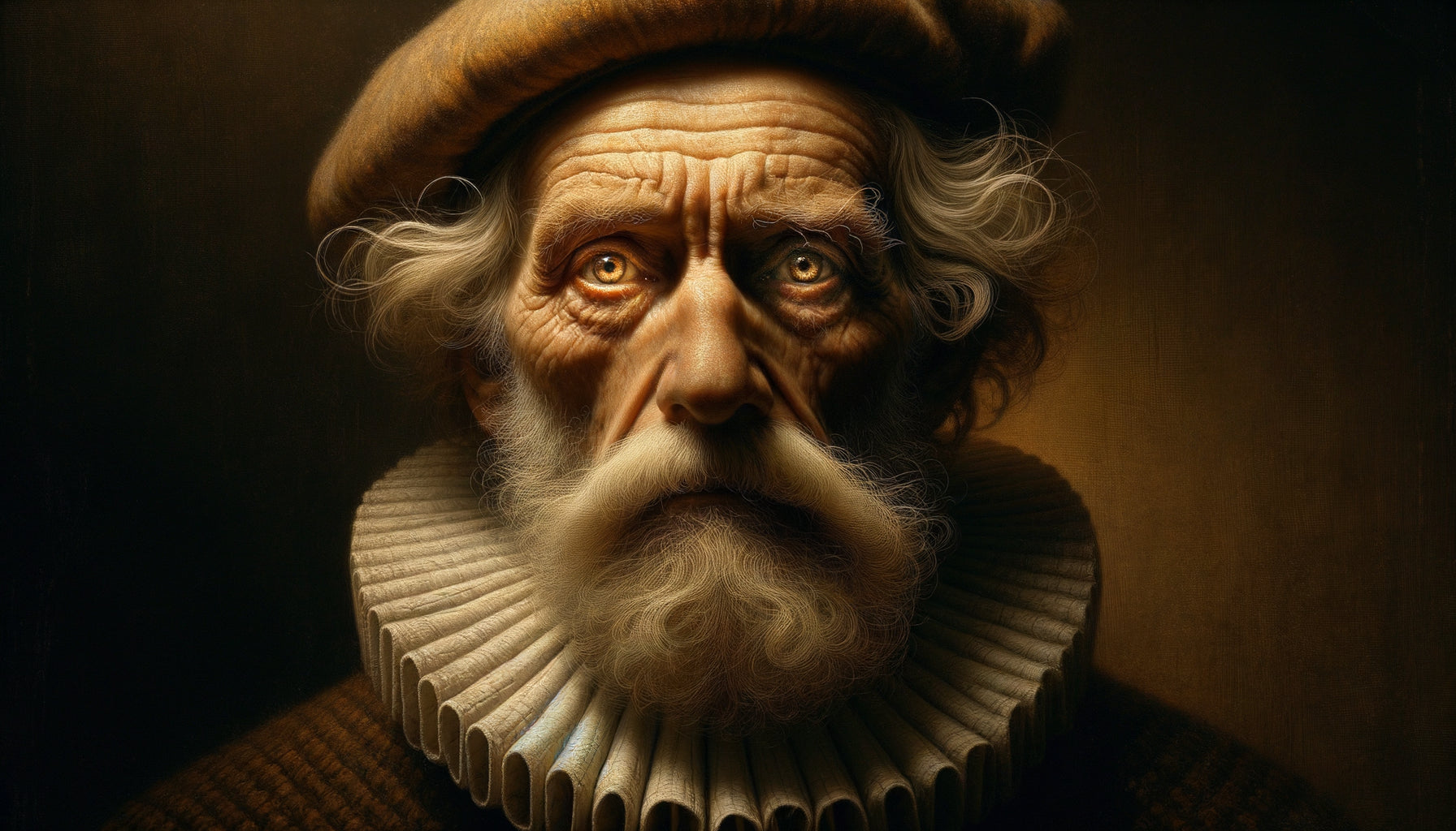 Portrait psychologique style Rembrandt du Siècle d'Or hollandais, regard intense et profond, technique du clair-obscur dramatique