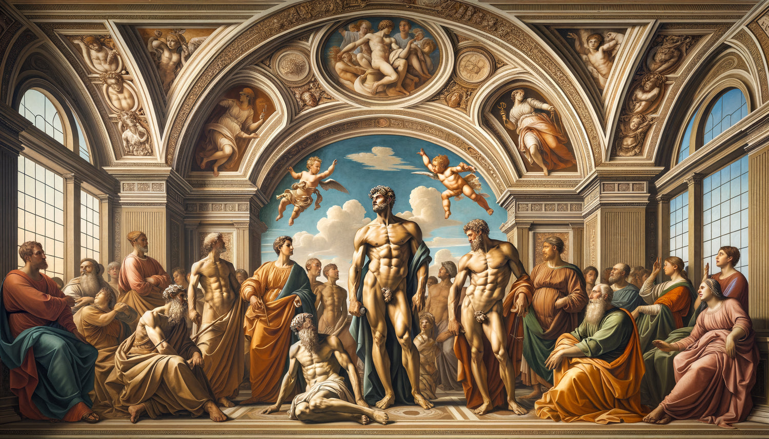 Fresque Renaissance italienne mêlant dieux antiques nus et figures bibliques, style Michel-Ange, humanisme néoplatonicien