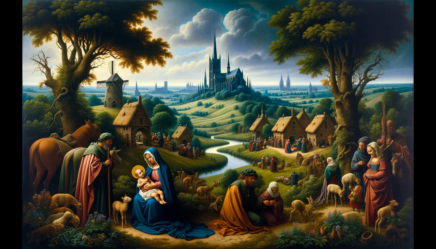 Peinture Renaissance nordique intégrant scène biblique dans paysage flamand détaillé avec perspective atmosphérique caractéristique