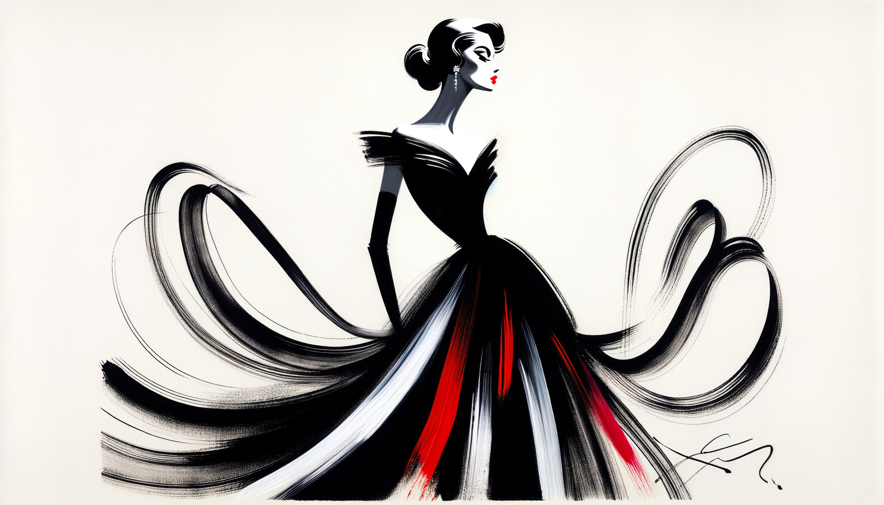 Illustration de mode originale dans le style iconique de René Gruau, silhouette féminine élégante années 1950, noir et rouge