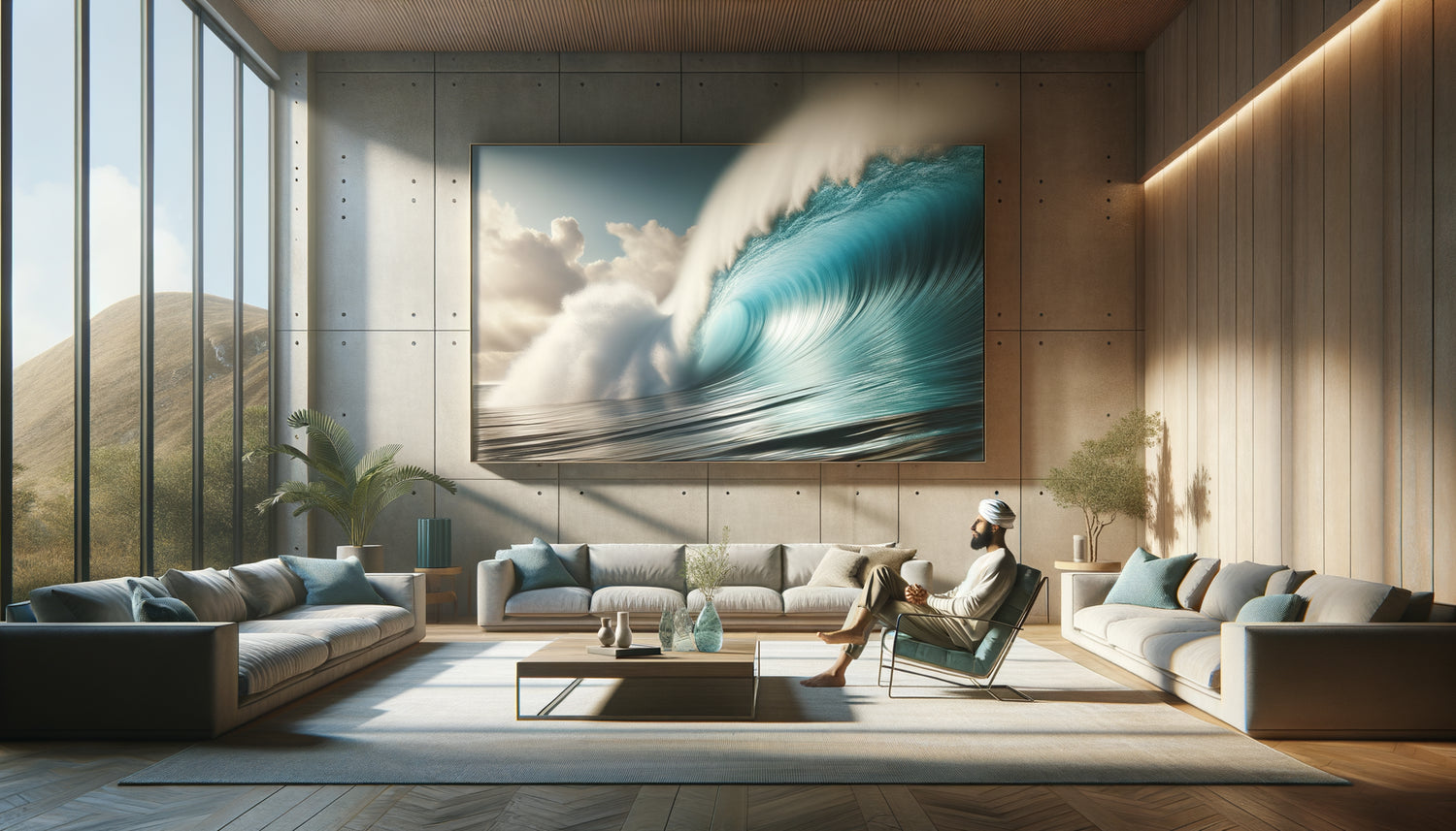 Intérieur contemporain apaisant avec grande photographie d'océan, personne en contemplation démontrant l'effet relaxant des représentations d'eau