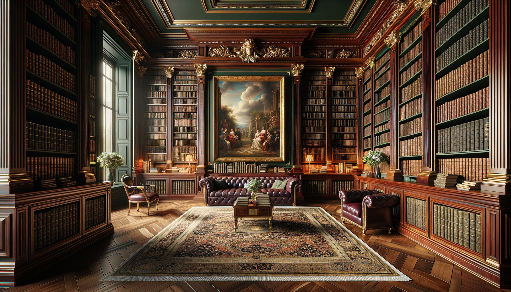 Bibliothèque raffinée avec livres anciens et reproduction musée haute définition intégrée harmonieusement entre étagères en bois précieux