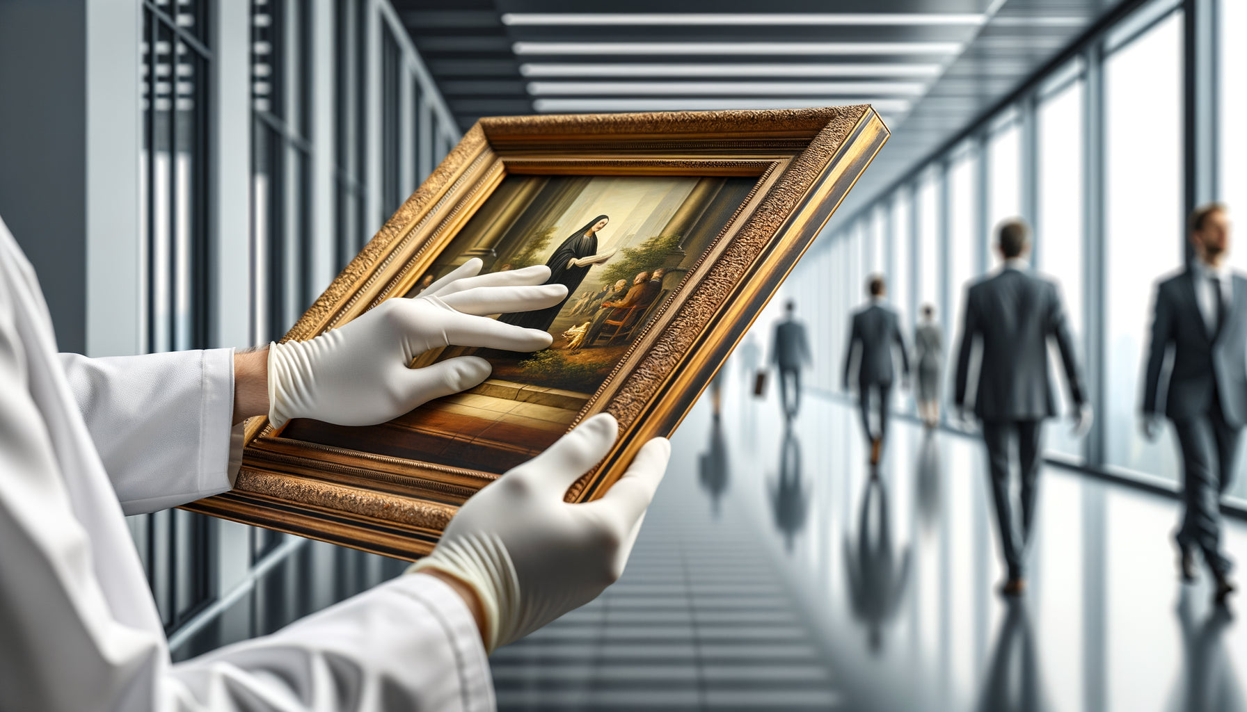 Expert vérifiant la résistance d'un tableau encadré dans un couloir à fort trafic professionnel