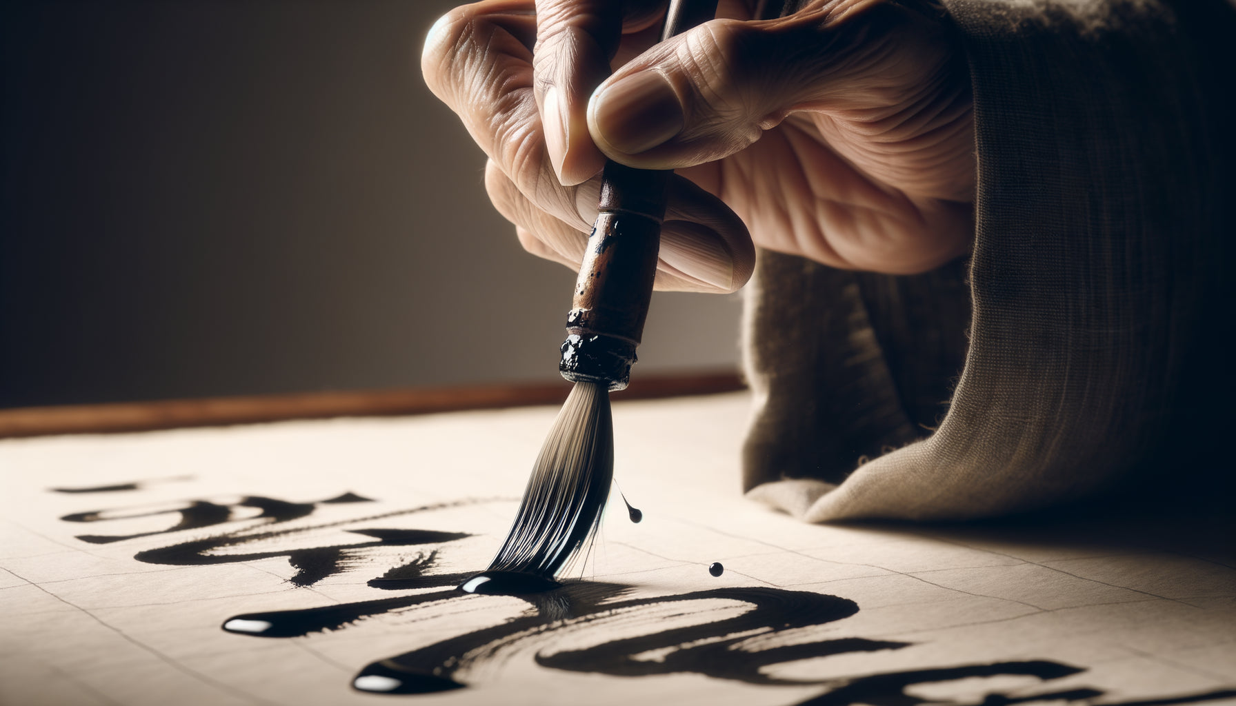 Pinceau de calligraphie zen créant un trait fluide à l'encre noire sur papier, geste synchronisé avec la respiration