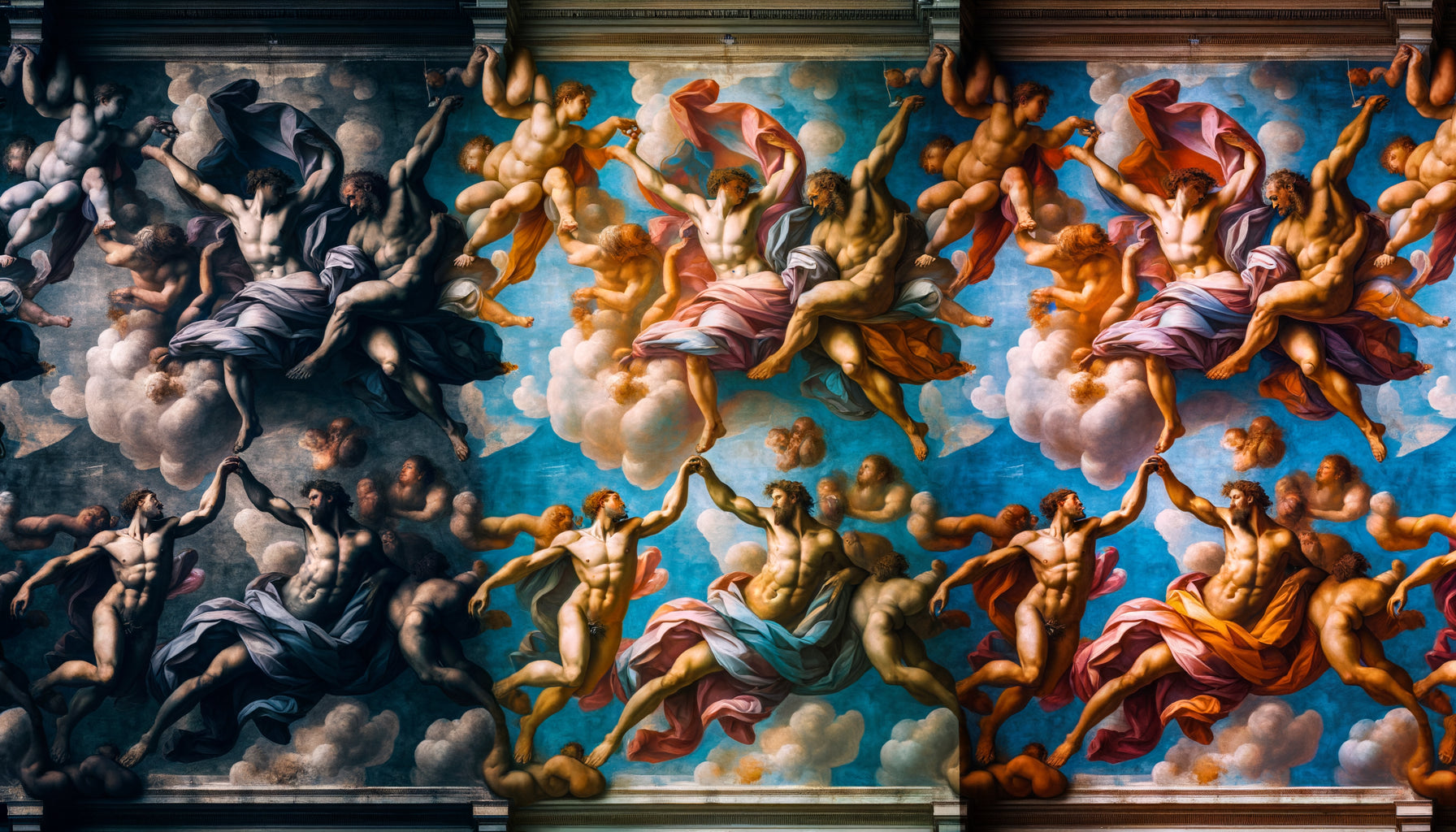 Détail restauré de la fresque Renaissance de Michel-Ange à la Chapelle Sixtine révélant des couleurs éclatantes controversées