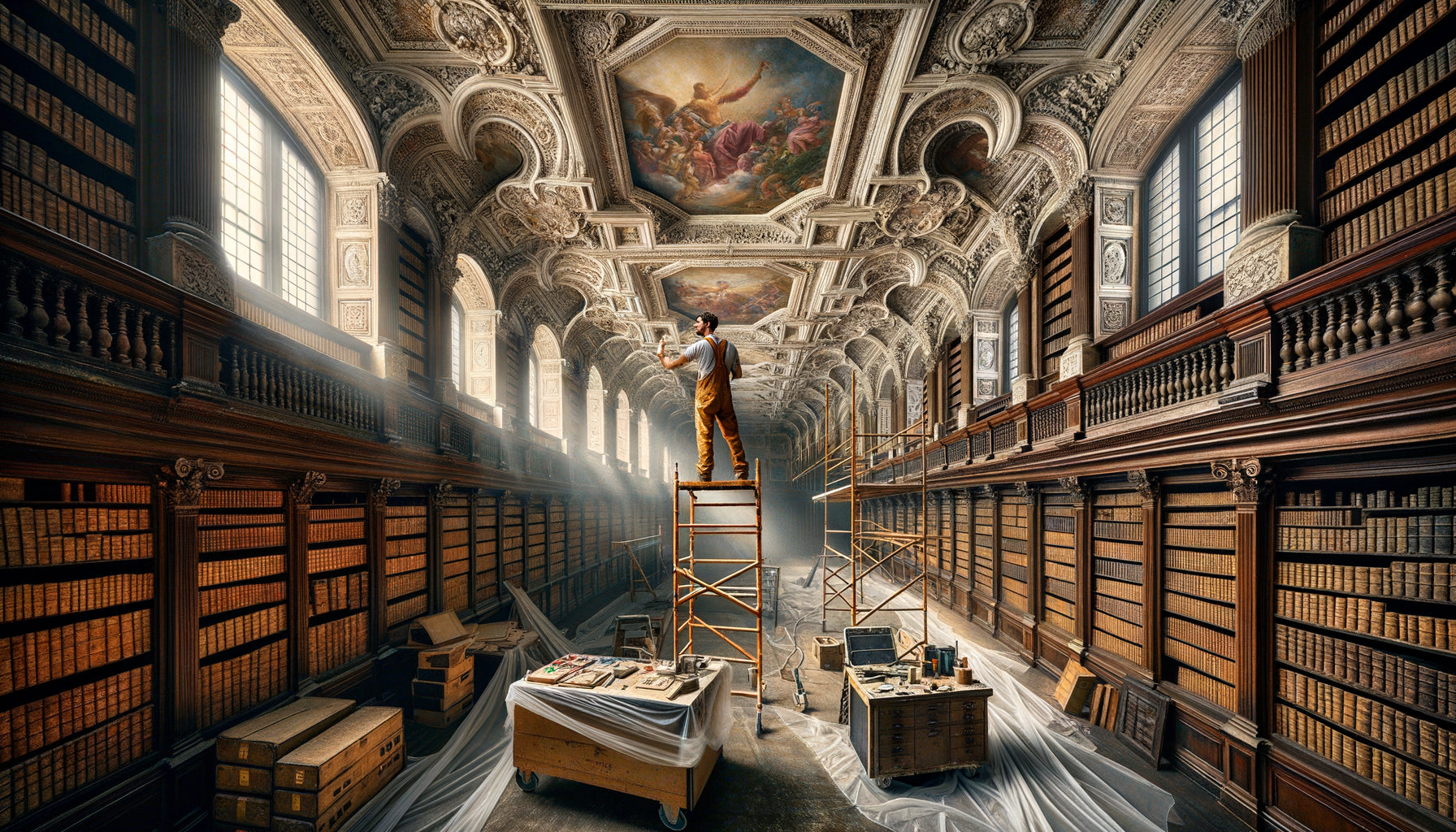 Restauration professionnelle d'une fresque ancienne au plafond d'une bibliothèque historique avec protection des livres précieux en dessous