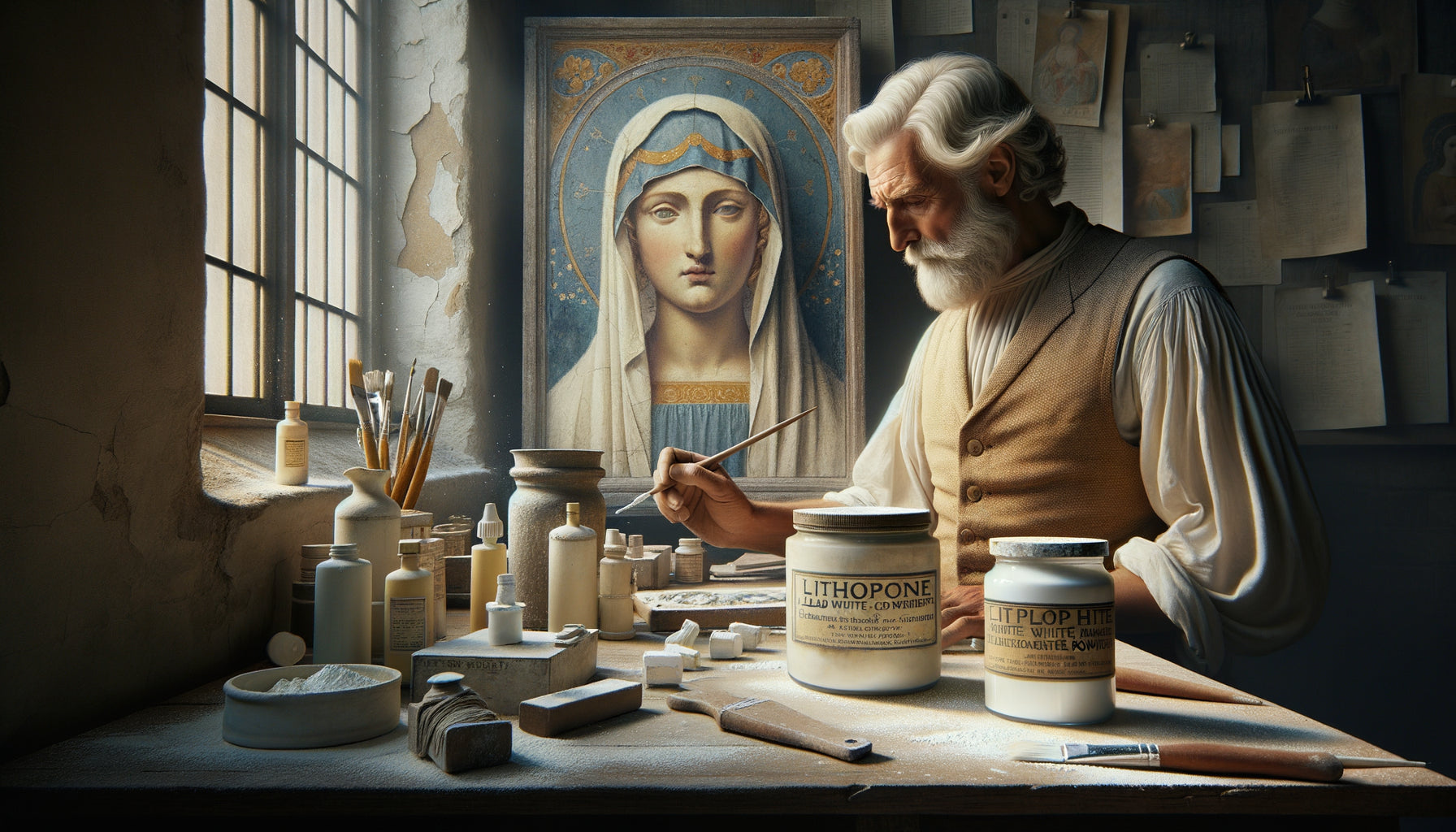 Restaurateur début XXe siècle examinant pigments traditionnels versus lithopone moderne devant fresque Renaissance italienne