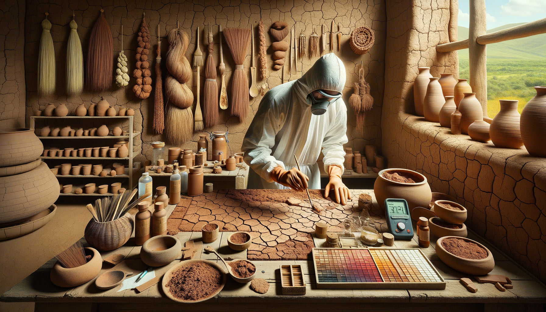Restaurateur africain appliquant des techniques hybrides de conservation sur matériaux traditionnels en terre crue dans un atelier contemporain