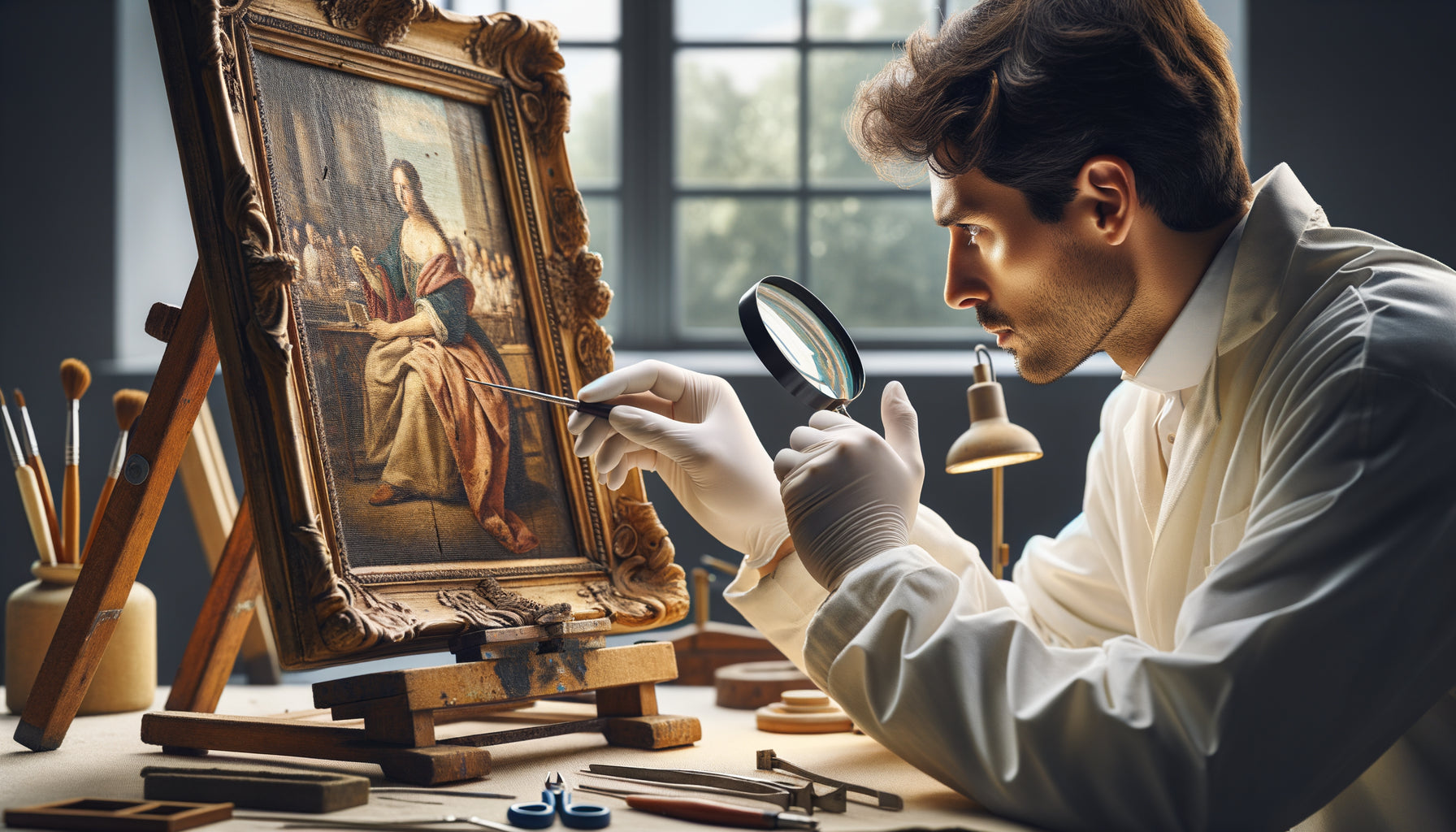 Restaurateur de musée examinant minutieusement un tableau ancien avec une loupe dans un atelier de conservation professionnel
