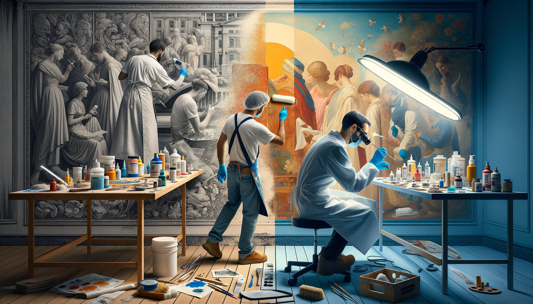 Comparaison visuelle entre restauration rapide de fresque d'hôtel et restauration scientifique minutieuse d'œuvre de musée