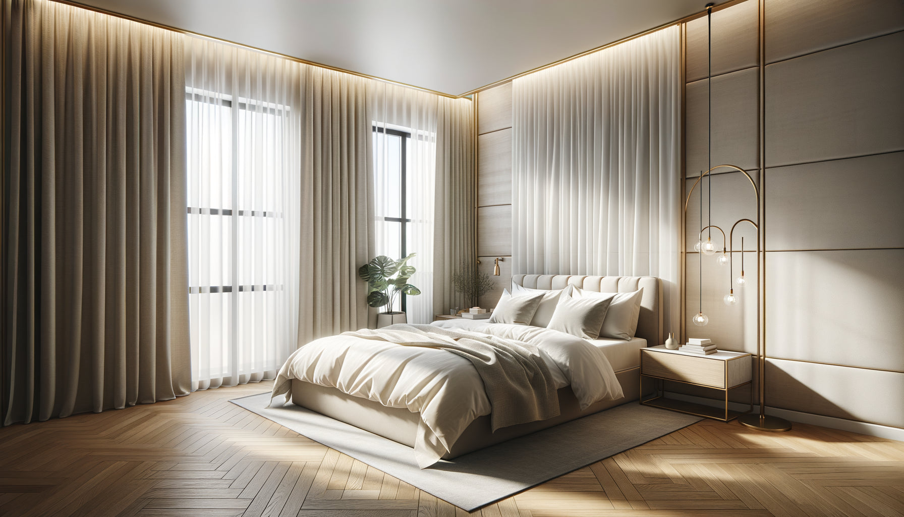 Chambre de location saisonnière moderne avec rideaux occultants double couche beige et voilage blanc