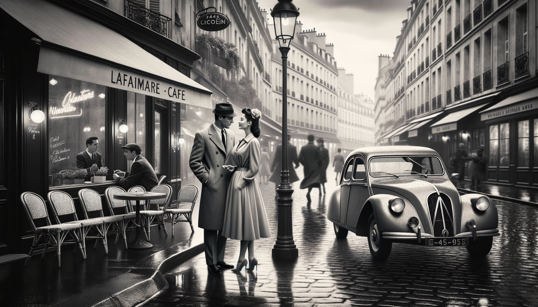 Scène de rue parisienne années 1950 en noir et blanc style Robert Doisneau, pavés humides et moment poétique