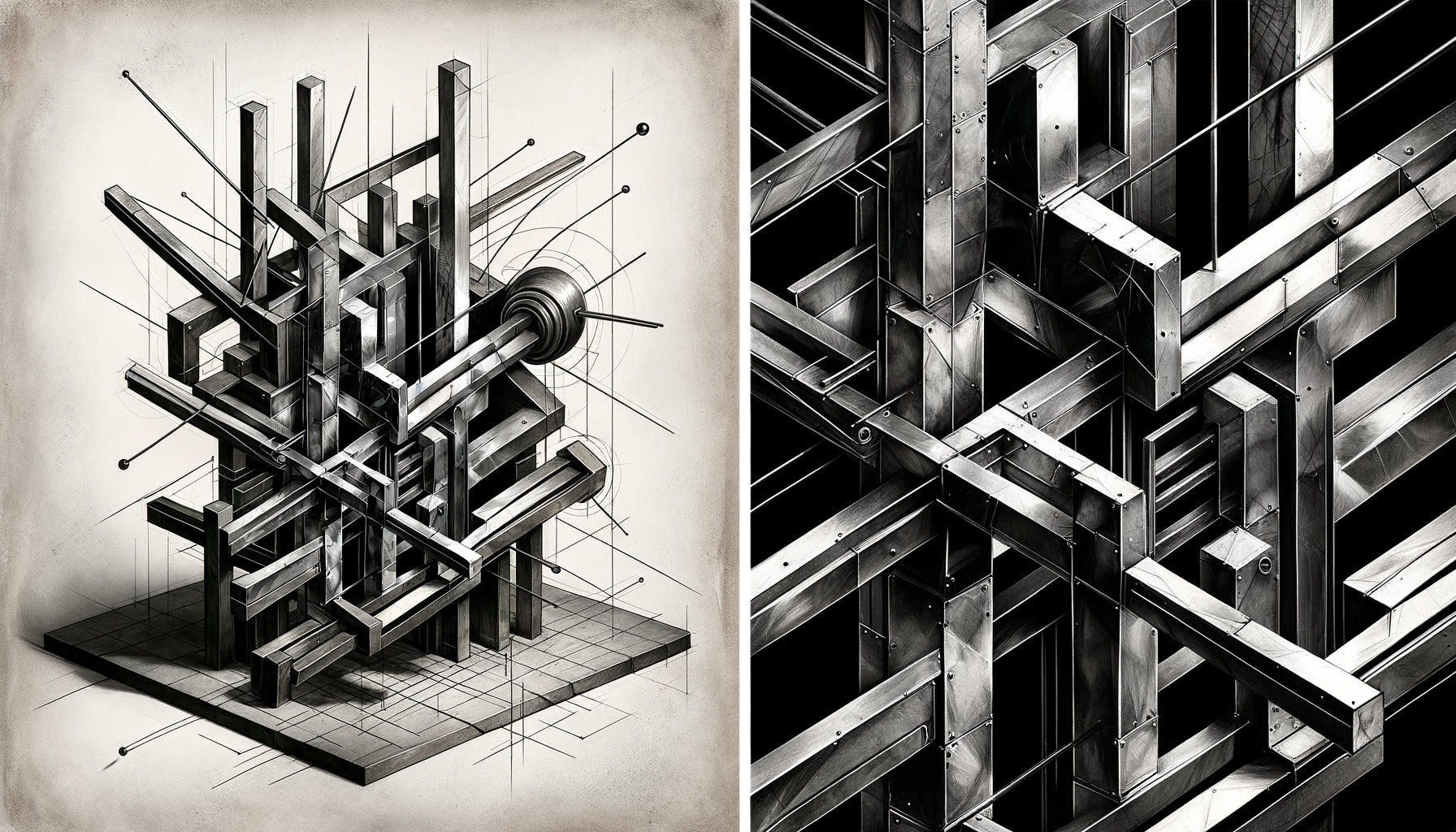 Sculpture métallique abstraite de Robert Jacobsen traduite en dessin gestuel, dialogue entre métal et graphisme, modernisme danois