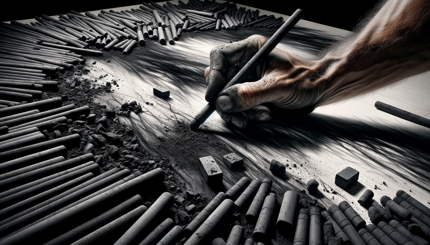 Gros plan sur mains d'artiste créant dessin hyperréaliste au fusain noir, technique par couches de Robert Longo