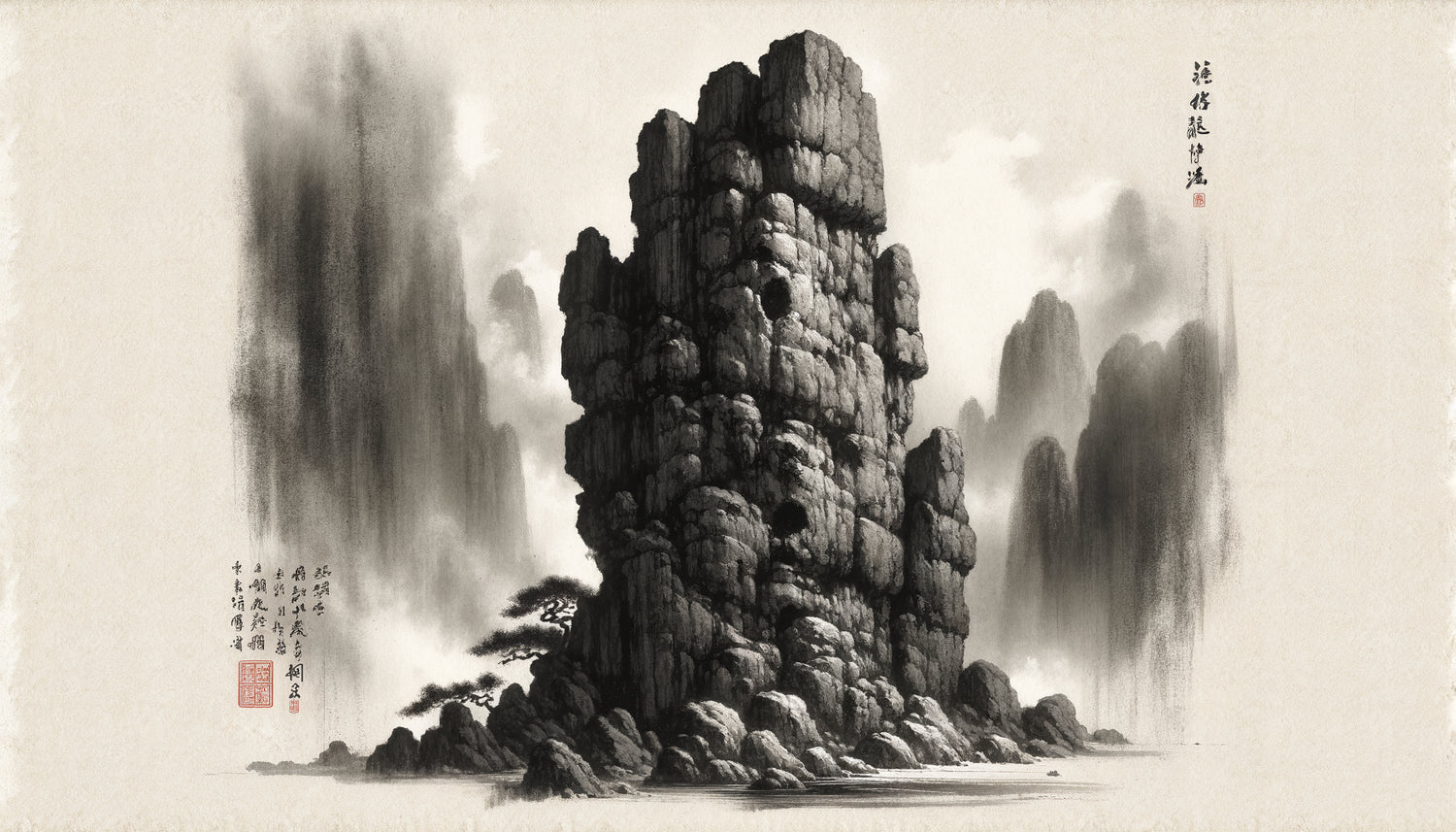 Peinture chinoise traditionnelle de lettrés : rocher majestueux à l'encre de Chine, style Song-Yuan, symbolisant droiture morale et contemplation