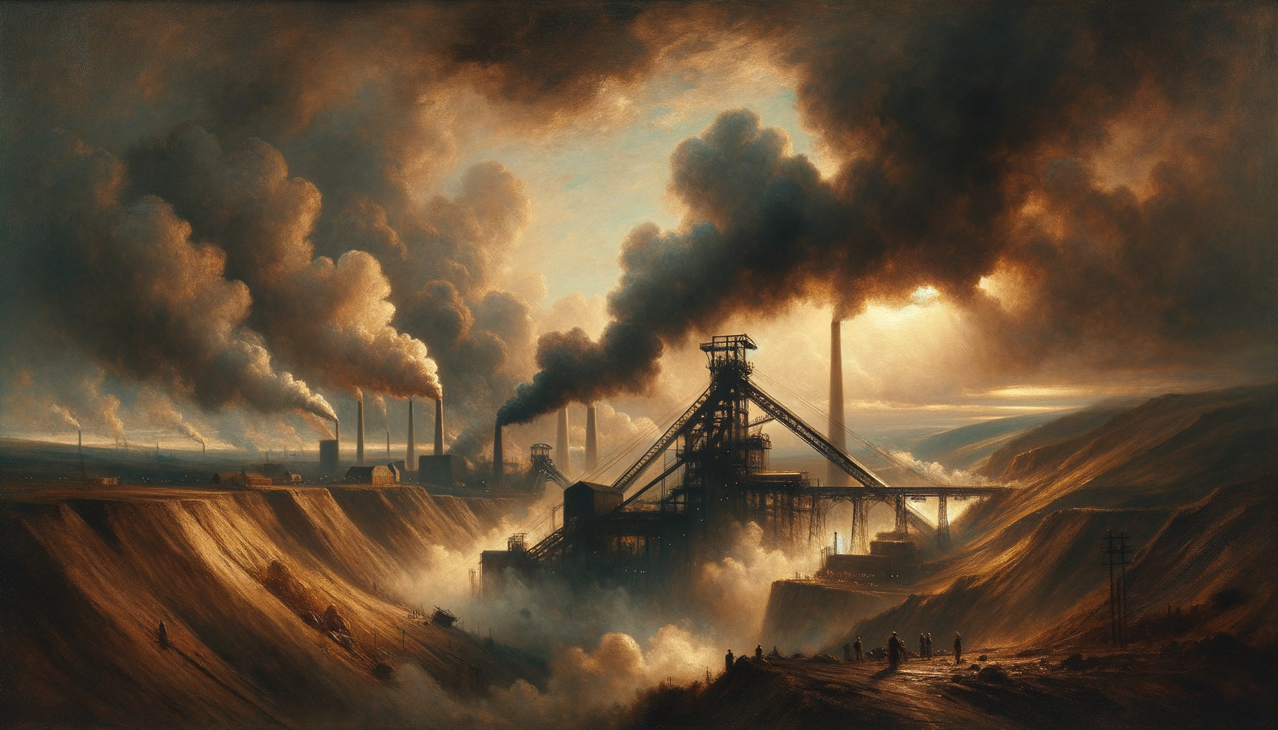 Peinture romantique anglaise années 1830 représentant un paysage minier industriel avec cheminées fumantes et ciel dramatique, style Turner