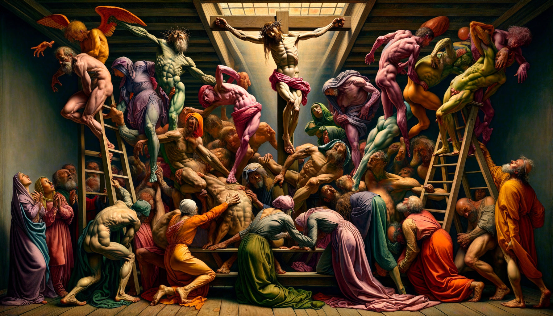 Peinture maniériste de Rosso Fiorentino La Descente de Croix 1521, corps allongés distordus, couleurs acides, composition chaotique