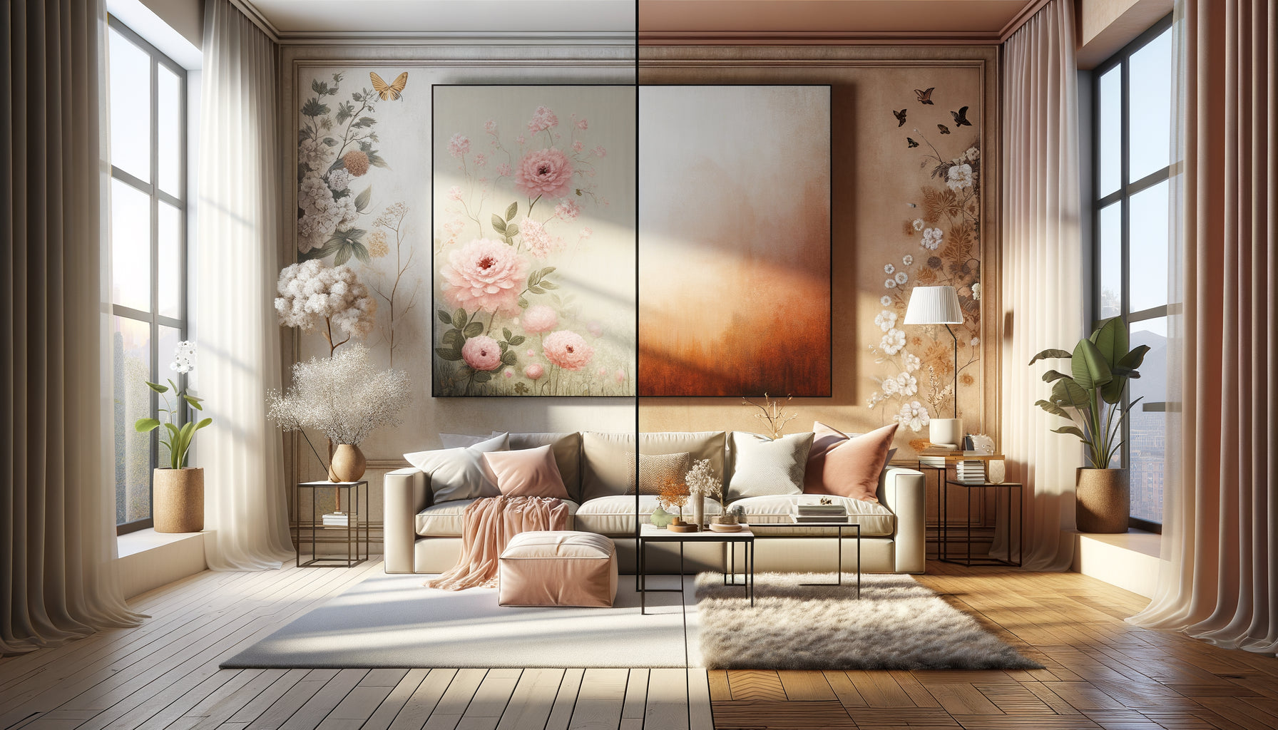 Intérieur contemporain montrant un mur avec rotation saisonnière de tableaux, printemps et automne côte à côte