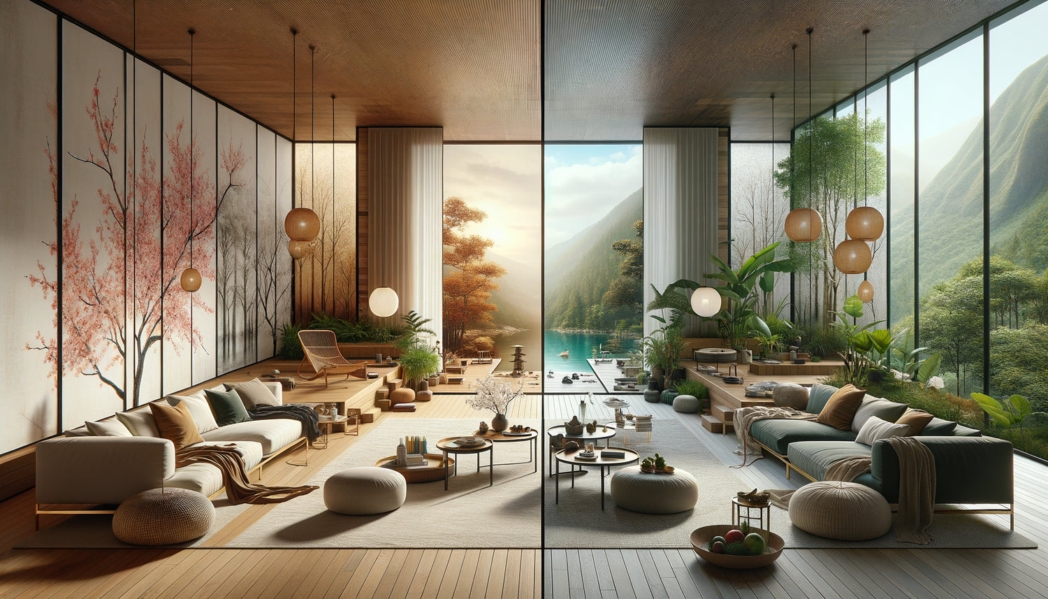 Studio contemporain montrant la rotation saisonnière des tableaux selon les quatre saisons, design minimaliste harmonieux