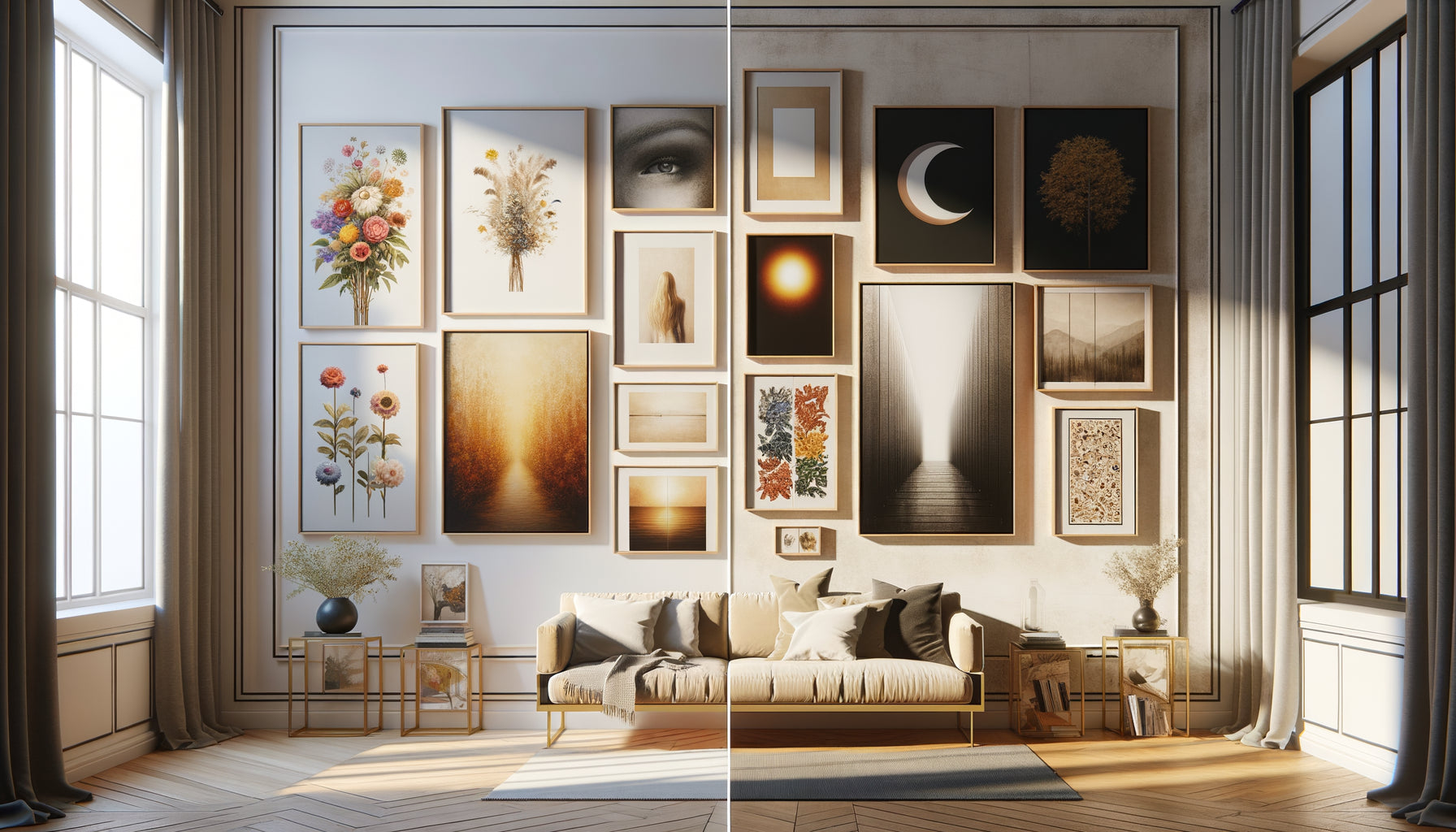 Mur d'intérieur contemporain illustrant deux stratégies décoratives : rotation saisonnière des tableaux versus composition permanente