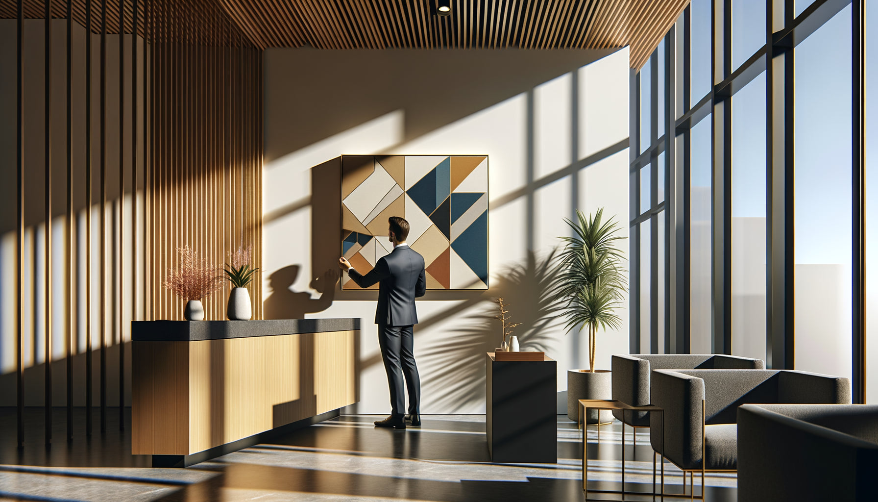 Professionnel changeant un tableau mural dans un cabinet contemporain, illustrant la rotation stratégique de la décoration