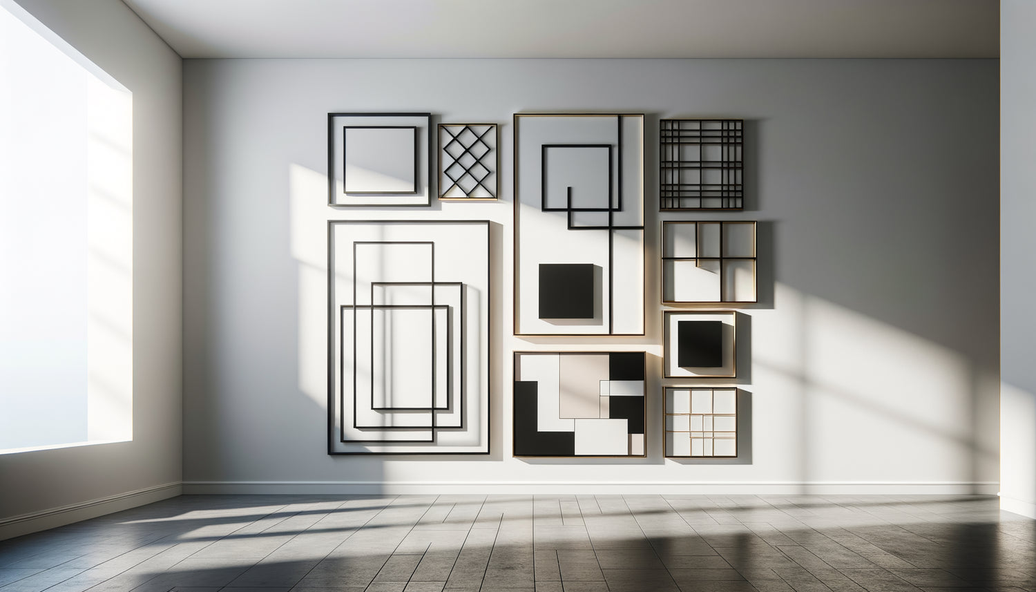 Composition murale contemporaine avec formats variés créant un rythme visuel dynamique sur mur blanc minimaliste