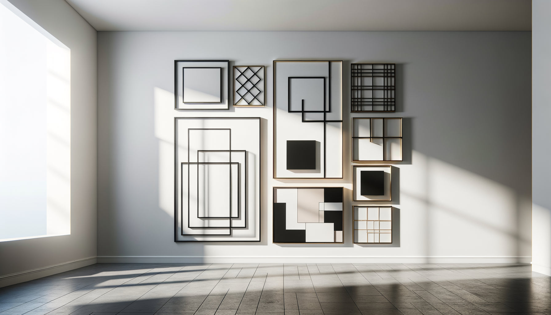 Composition murale contemporaine avec formats variés créant un rythme visuel dynamique sur mur blanc minimaliste