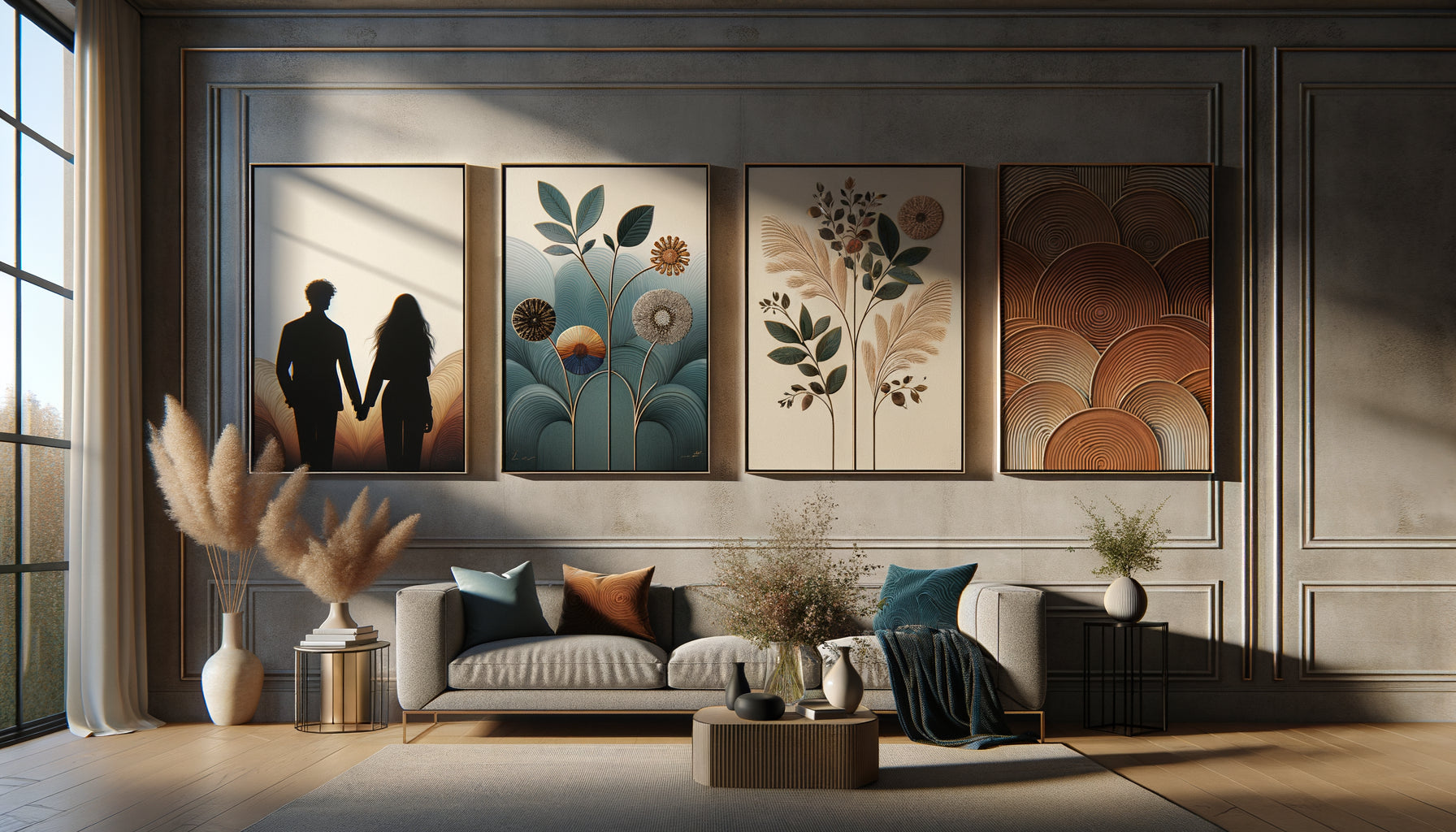 Intérieur contemporain Saint-Valentin avec tableaux aux couleurs alternatives blues, verts et ambrés, décoration romantique personnalisée