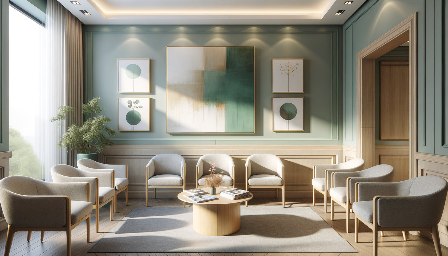Salle d'attente médicale moderne et apaisante avec tableaux encadrés sur mur vert sage, mobilier confortable et éclairage doux