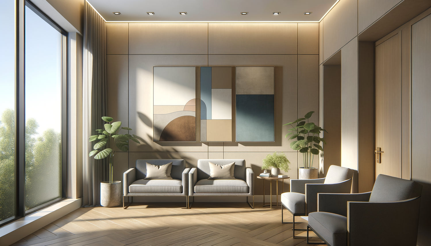 Salle d'attente professionnelle moderne avec mur de 3 mètres décoré de trois tableaux abstraits apaisants aux tons doux