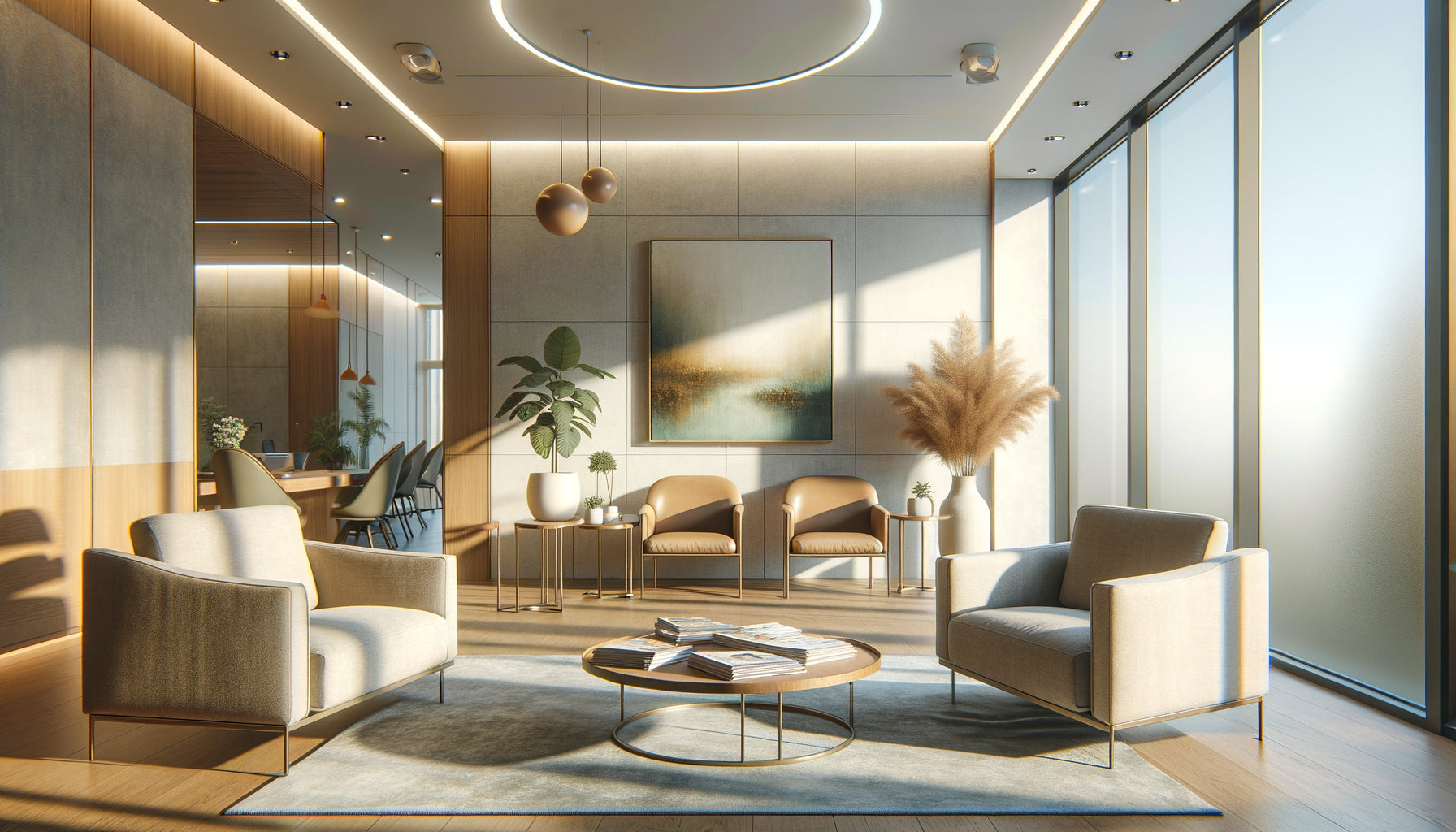 Salle d'attente médicale moderne avec tableau apaisant aux tons bleus et verts créant une atmosphère rassurante