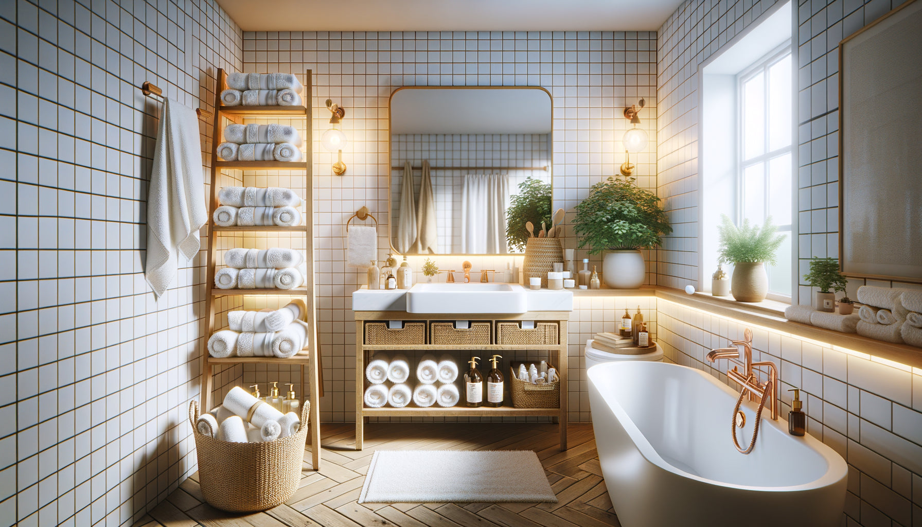 Salle de bain Airbnb moderne et accueillante avec serviettes blanches, équipements hôteliers et éclairage chaleureux