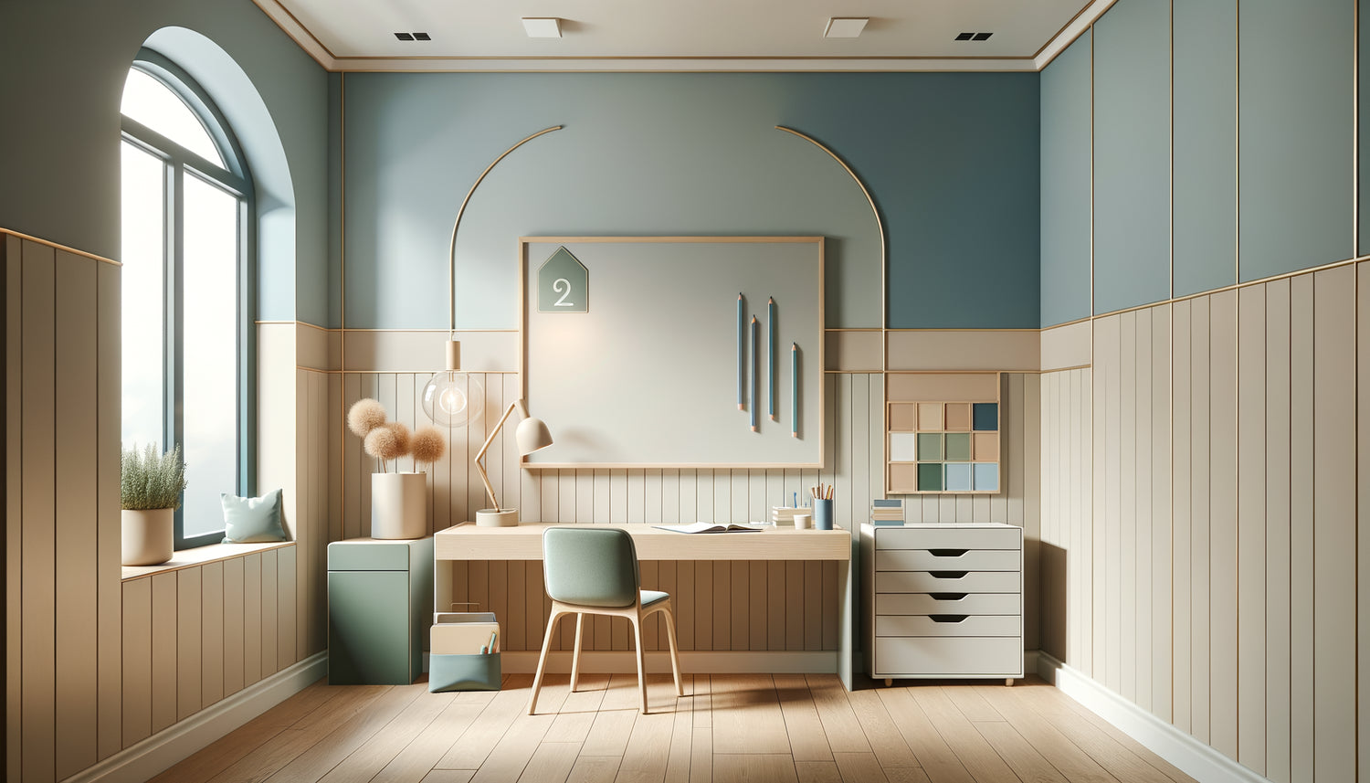 Salle de concentration au collège avec palette apaisante bleu doux, vert sauge et tons neutres beige pour favoriser l'attention