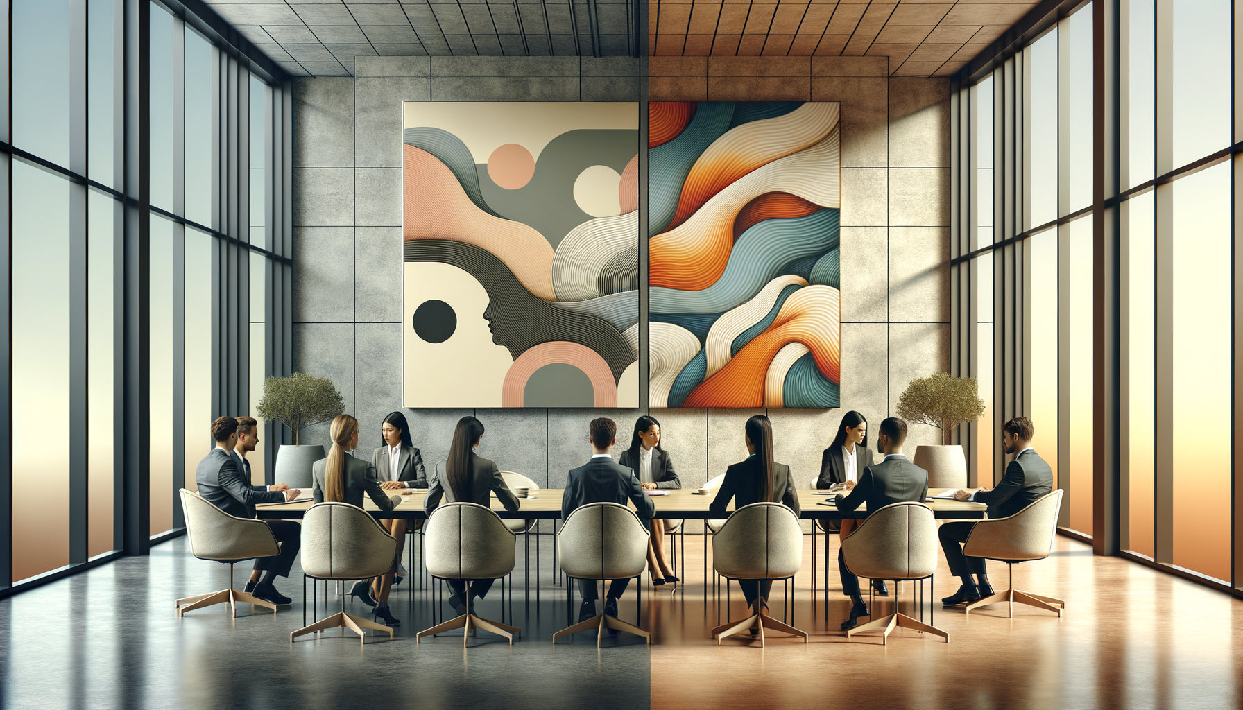 Comparaison salle de réunion avec tableau minimaliste épuré versus espace d'attente avec œuvre colorée stimulante