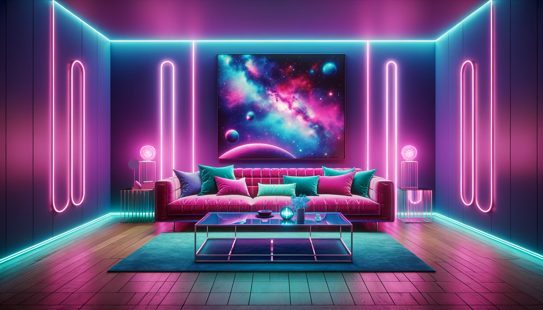 Salon moderne décoré dans un style cosmique pop avec canapé rose fuchsia, mur violet électrique et néons galactiques inspirés de l'univers Guardians of the Galaxy