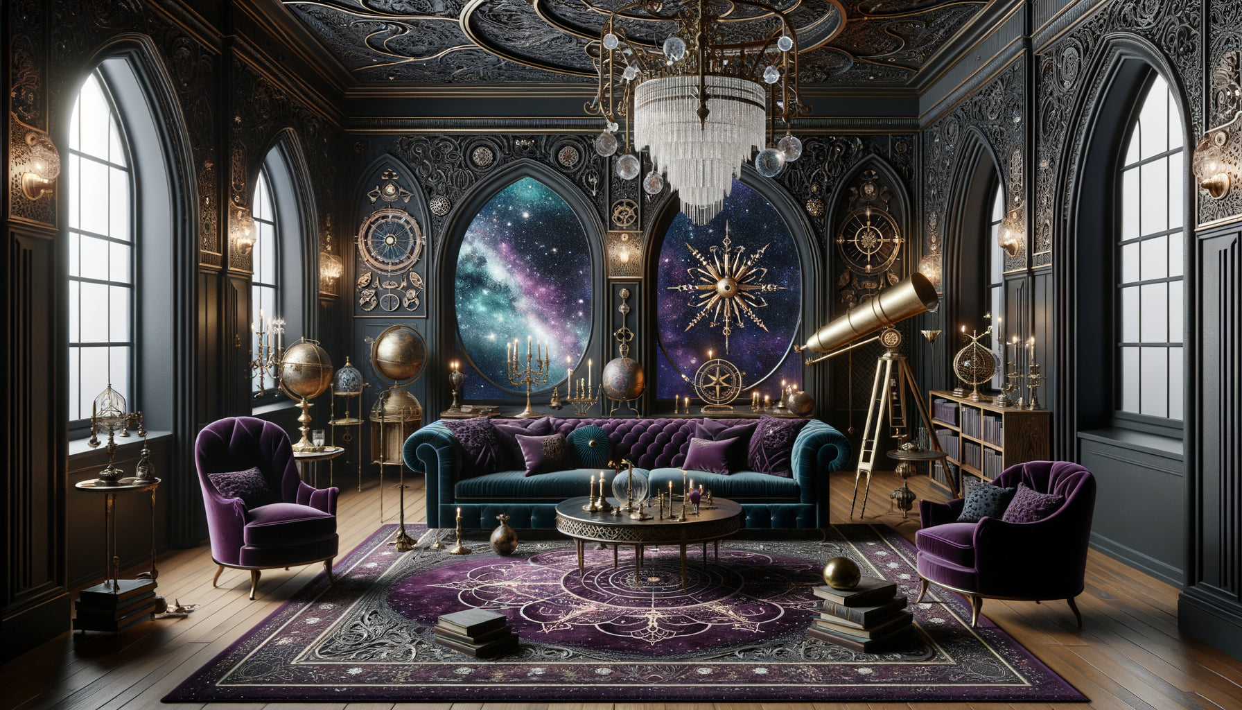 Salon luxueux gothique spatial avec canapé en velours bleu nuit, lustre cristallin, fenêtres cintrées donnant sur une nébuleuse cosmique, instruments astronomiques en laiton et motifs lovecraftiens sculptés