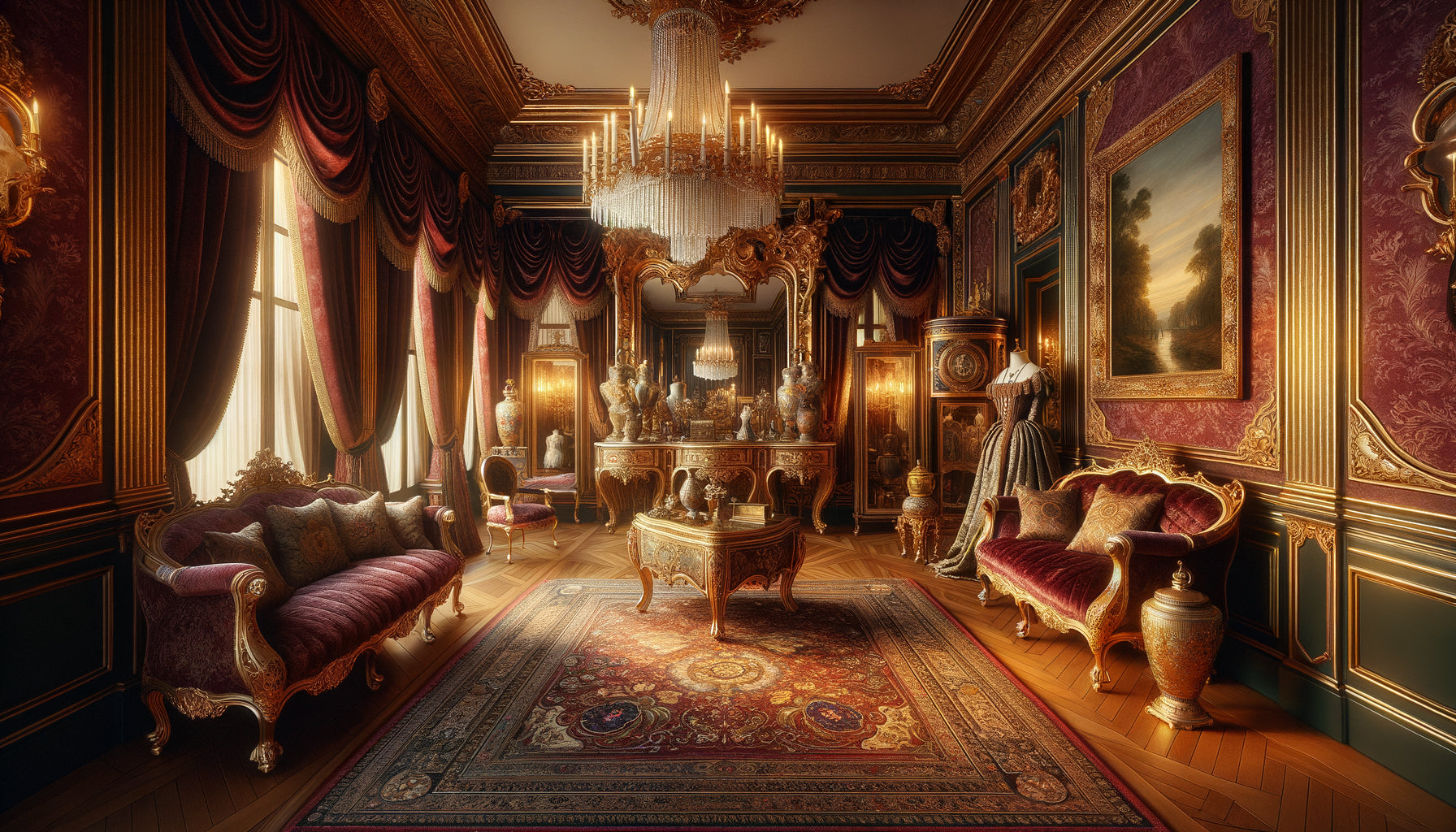 Salon de haute couture parisien du XIXe siècle avec mobilier Second Empire, tentures de velours, lustres en cristal et décoration luxueuse